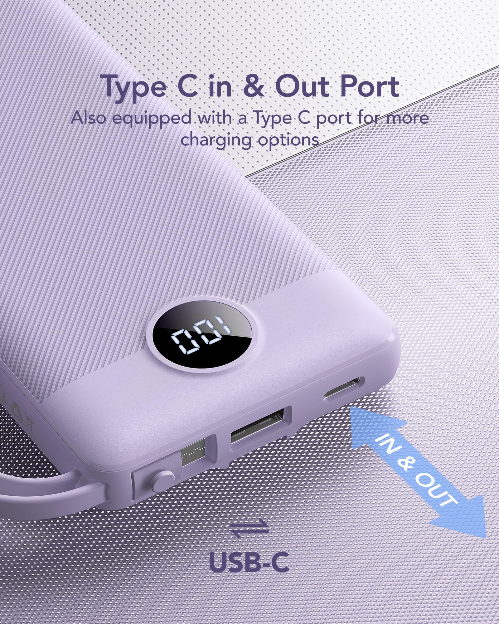 VRURC Portable Charger Power Bank, USB C Battery Pack 10000mAh, Flight-Safe Travel Essentials, 5 Outputs 2 Inputs Slim Phone Charging Bank Built-in Cables for Multi Devices-Lavender(1 Pack)