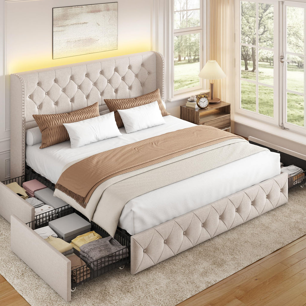 BRELTAM Full Size Bed Frame with Storage Drawers and Wingback Headboard Linen Upholstered Platform Bed Frame Tufted Beds with Heavy Duty Wood Slats, Noise Free, Easy Assembly, Beige