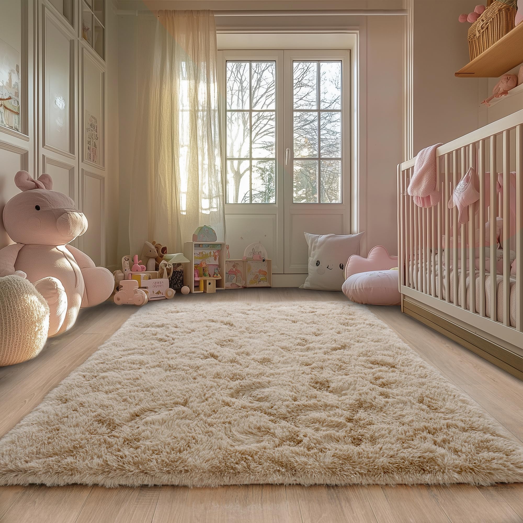 Beige Fluffy Rug for Bedroom 4x6ft - Ultra Soft & Non Slip Shaggy Area Rug, Comfy Durable Carpet for Living Room Kids Room Teens Dorm Home Decor, 1.7'' Thick Indoor Plush Carpets