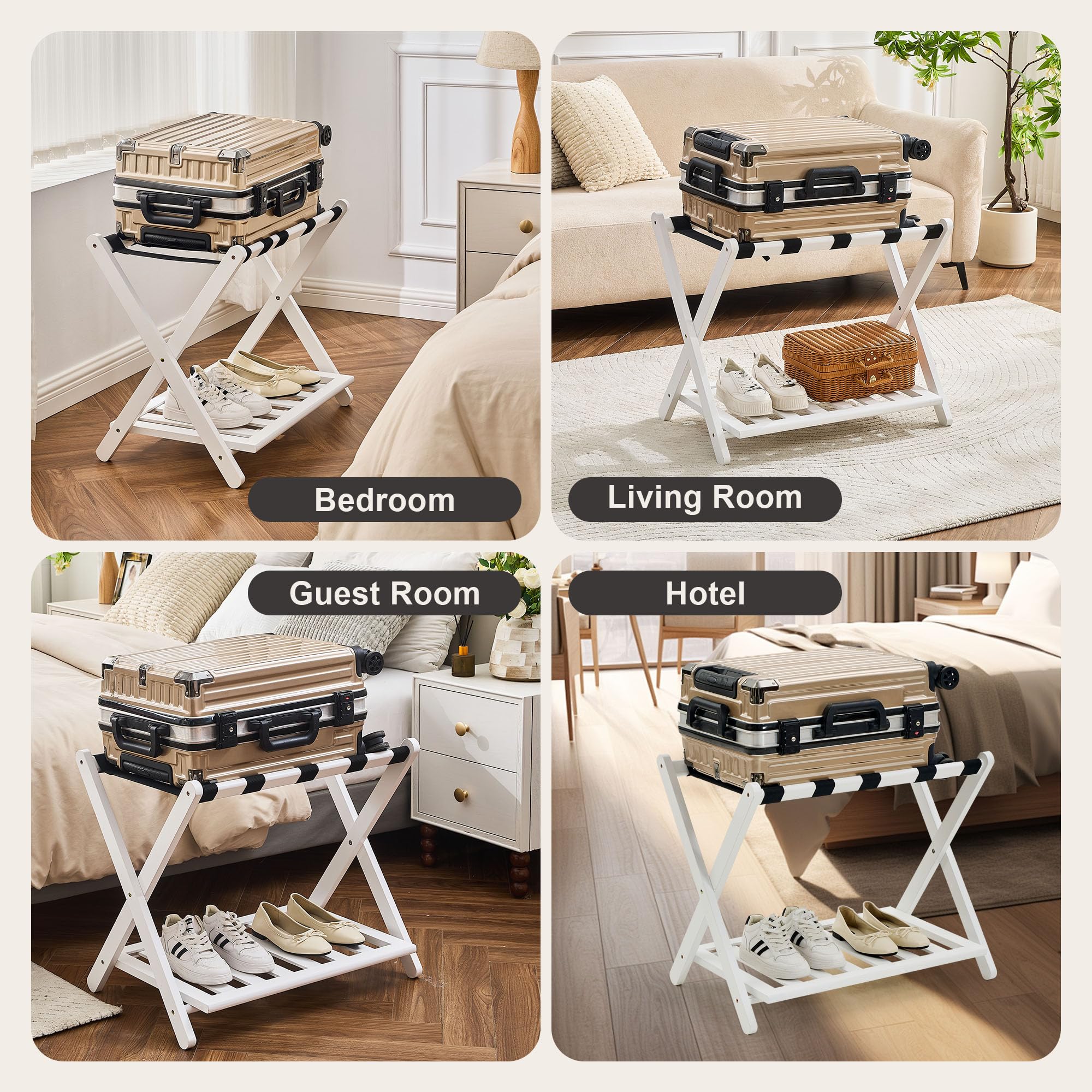 oakvivo Fully Assembled Black Luggage Rack for Guest Room, Bamboo Foldable Suitcase Stand with 5 Nylon Straps, Upgraded Luggage Rack Holder with Shelf for Bedroom Hotel, Holds up to 165 Lbs, 1pcs