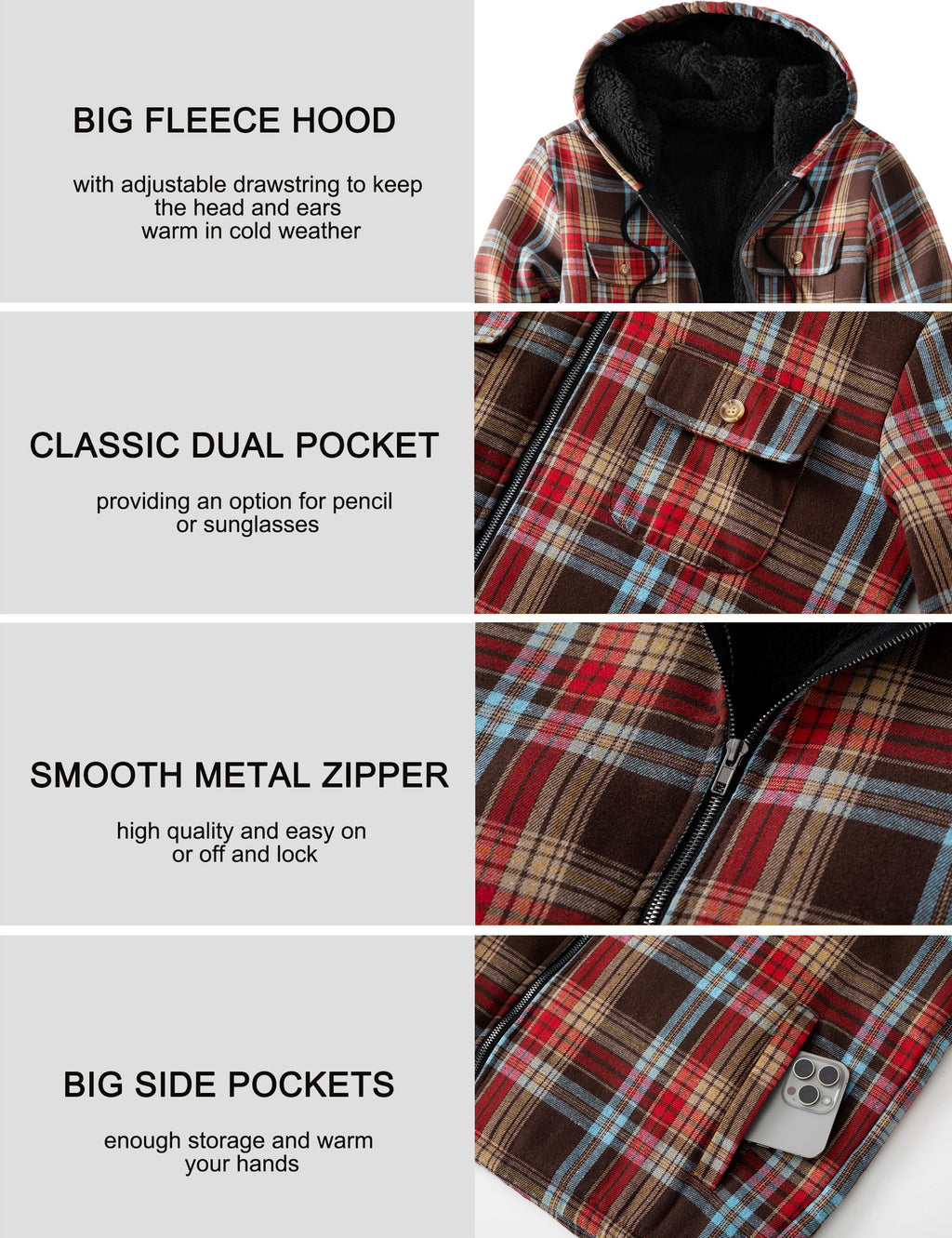 Men's Flannel Plaid Hooded Jackets Full Zip Sherpa Fleece Lined Hoodies Fashion Warm Coat