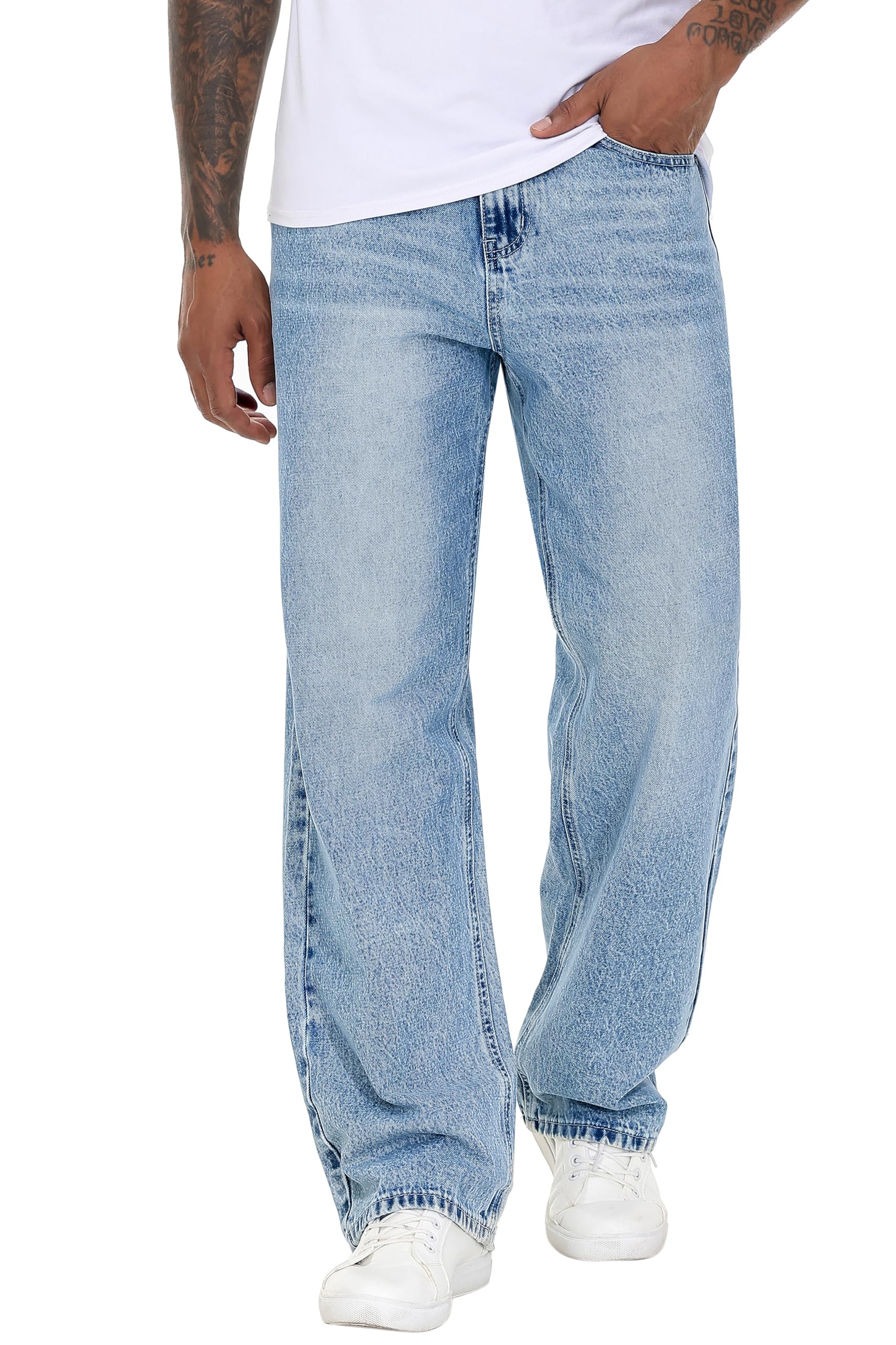 MZNBURAM Men's Non-Stretch Loose Fit Wide-Leg Baggy Jeans Pants