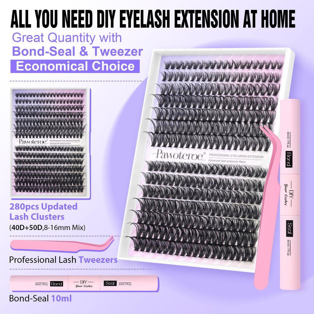 Pawotence Lash Extension Kit DIY 280pcs Individual Lash Clusters Kit 20D&30D Natural 9-15mm Cluster Eyelash Extensions Kit with Lash Bond and Seal, Tweezers for Self Use (20D&30D, 0.07D, 9-15mm, Kit)