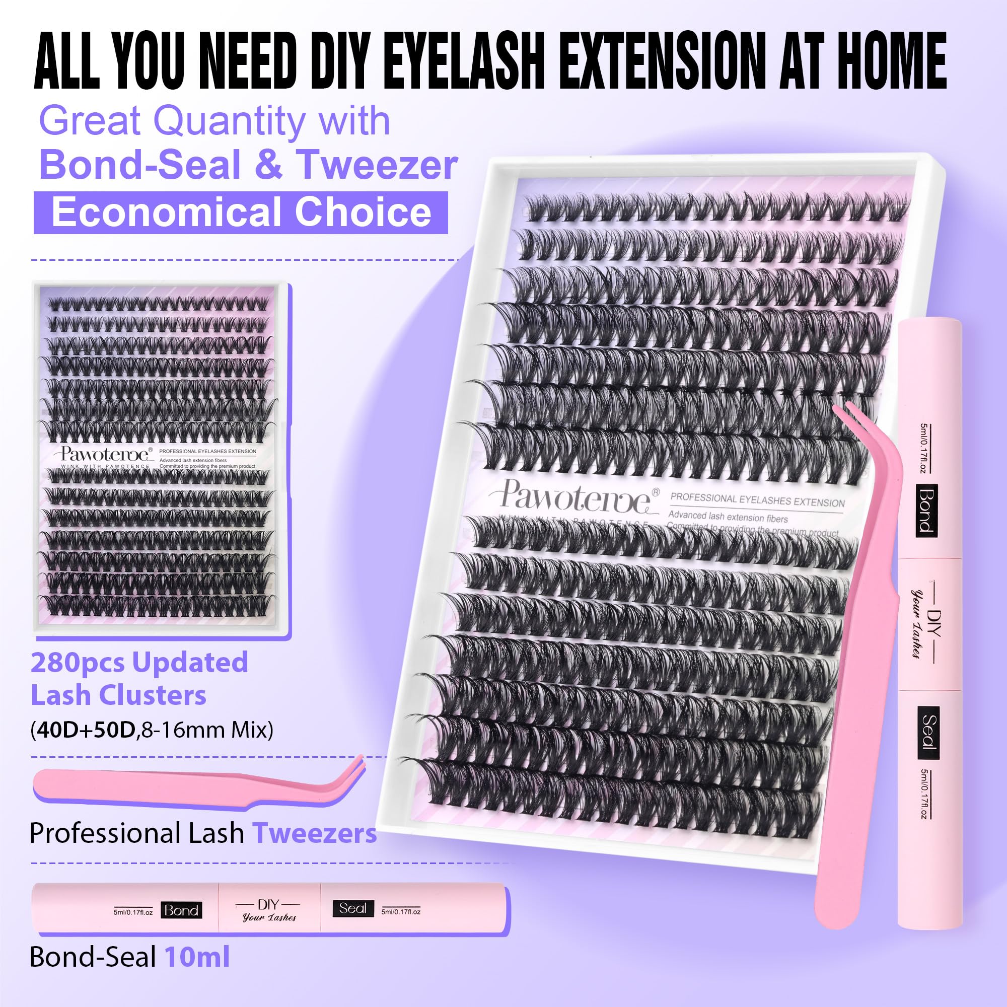 Pawotence Lash Extension Kit DIY 280pcs Individual Lash Clusters Kit 20D&30D Natural 9-15mm Cluster Eyelash Extensions Kit with Lash Bond and Seal, Tweezers for Self Use (20D&30D, 0.07D, 9-15mm, Kit)