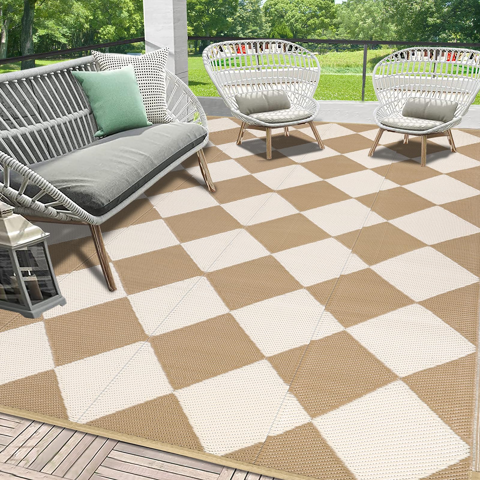 HEBE Checkered Outdoor Rug Waterproof 5x8, Reversible Plastic Straw Rug RV Camping Rug, Indoor Outdoor Patio Mat Clearance, Outside Carpet for Porch,Deck,Camper,Balcony,Backyard,Picnic