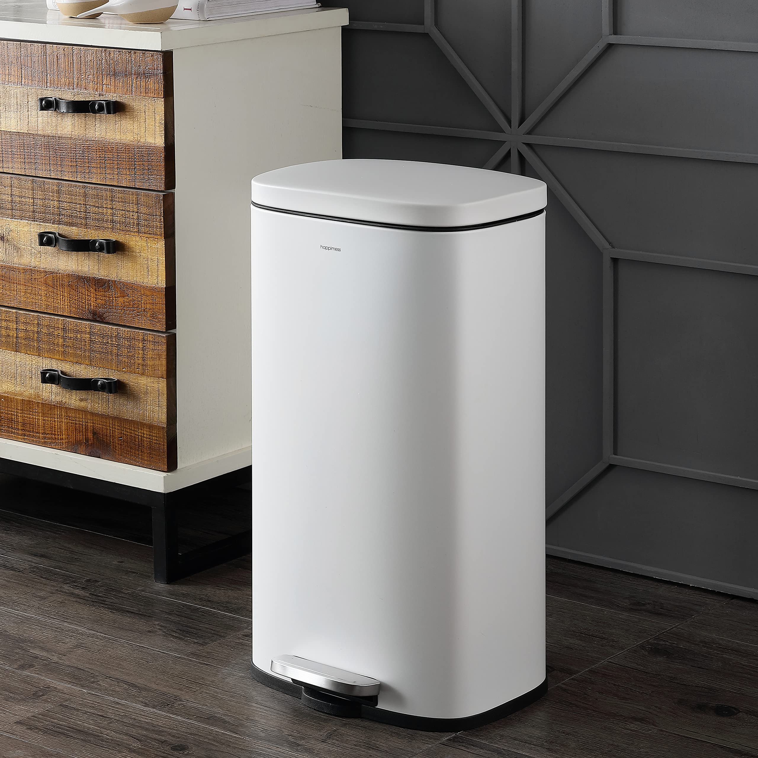 happimess HPM1011B Curtis 8-Gallon Step-Open Trash Can with Soft-Close Lid, Modern, Minimalistic, Fingerprint Proof for Home, Kitchen, Laundry Room, Office, Bedroom, Bathroom, Black