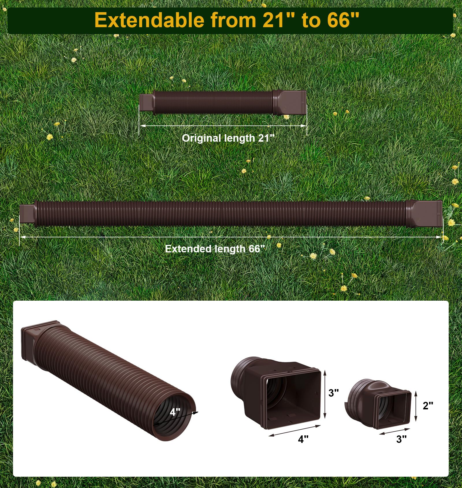 Ogutter Rain Gutter Downspout Extensions, Downspout Extender for Rainwater Drainage Flexible, Down Spout Drain Extension Pipe and Extendable from 21 to 66 Inches (Black)