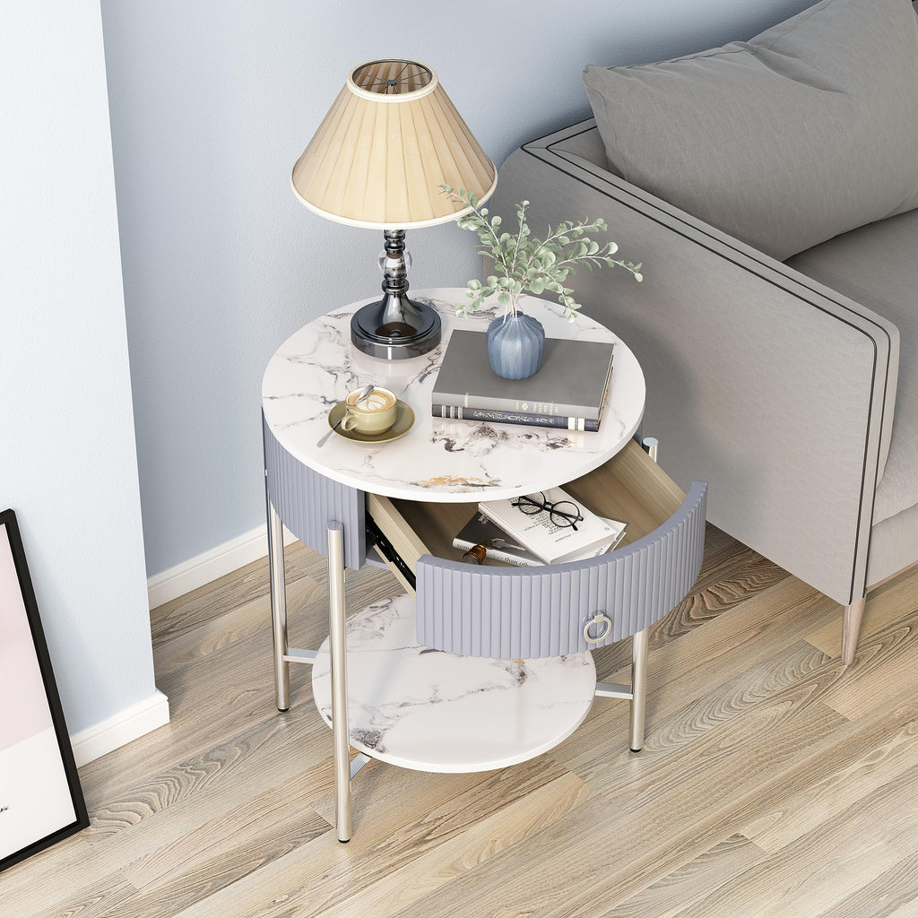 OIOG Modern Side Table with Drawer, Industrial 2 Tier End Table with Shelf, Wood Grain Nightstand with Storage for Living Room, Bedroom, Office, Dorm, Black