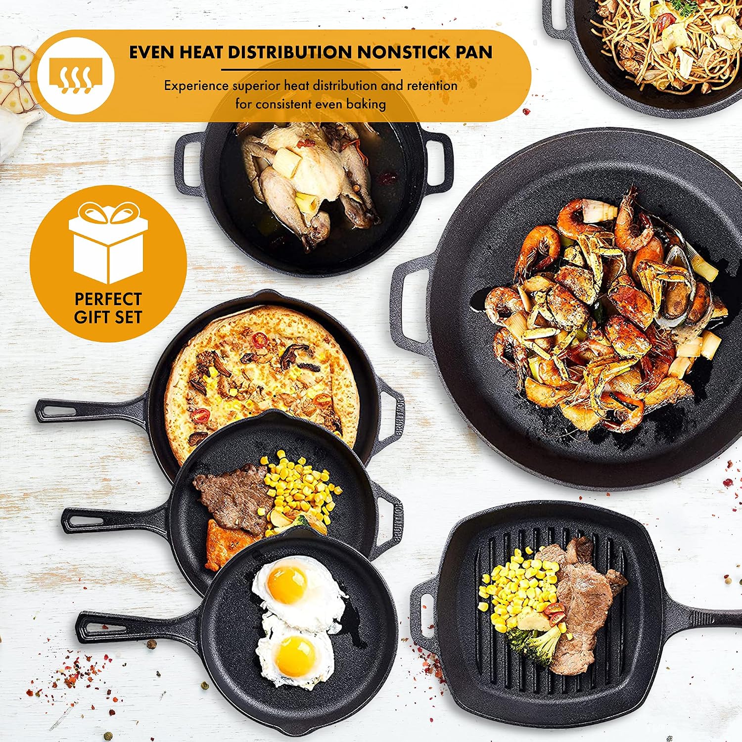 Bruntmor 8 Piece Cast Iron Cookware Set - Pre-Seasoned Pots and Pans Set with Cast Iron Skillets, Grill Pan, Dutch Oven, Pizza Pan, and Scrubber - Heavy Duty Cooking for Home Kitchen or Camping