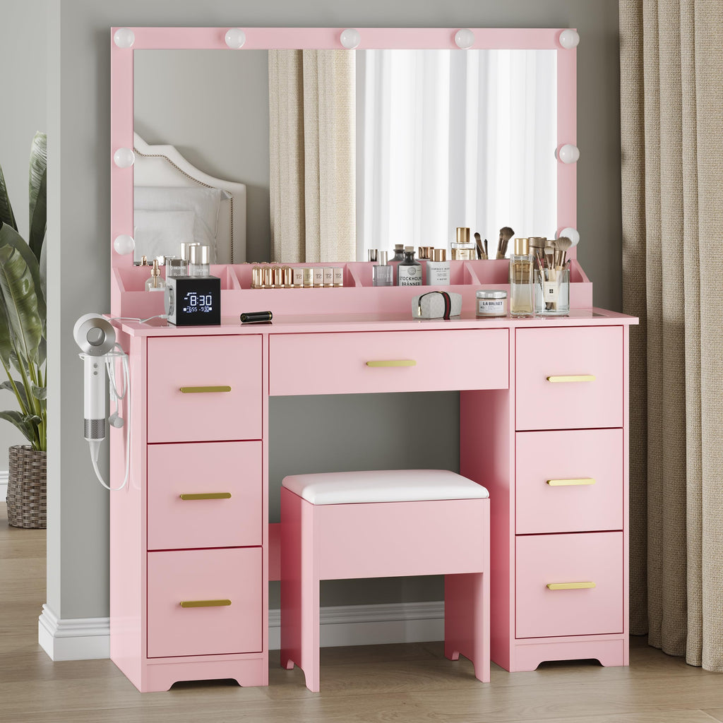 BORNOON 45” Fluted Makeup Vanity Desk with Mirror and Lights, Glass Top Dressing Table with 5 Drawers, LED Lighted Adjustable Cabinet, Trays & Charging Station for Bedroom Dressing Room