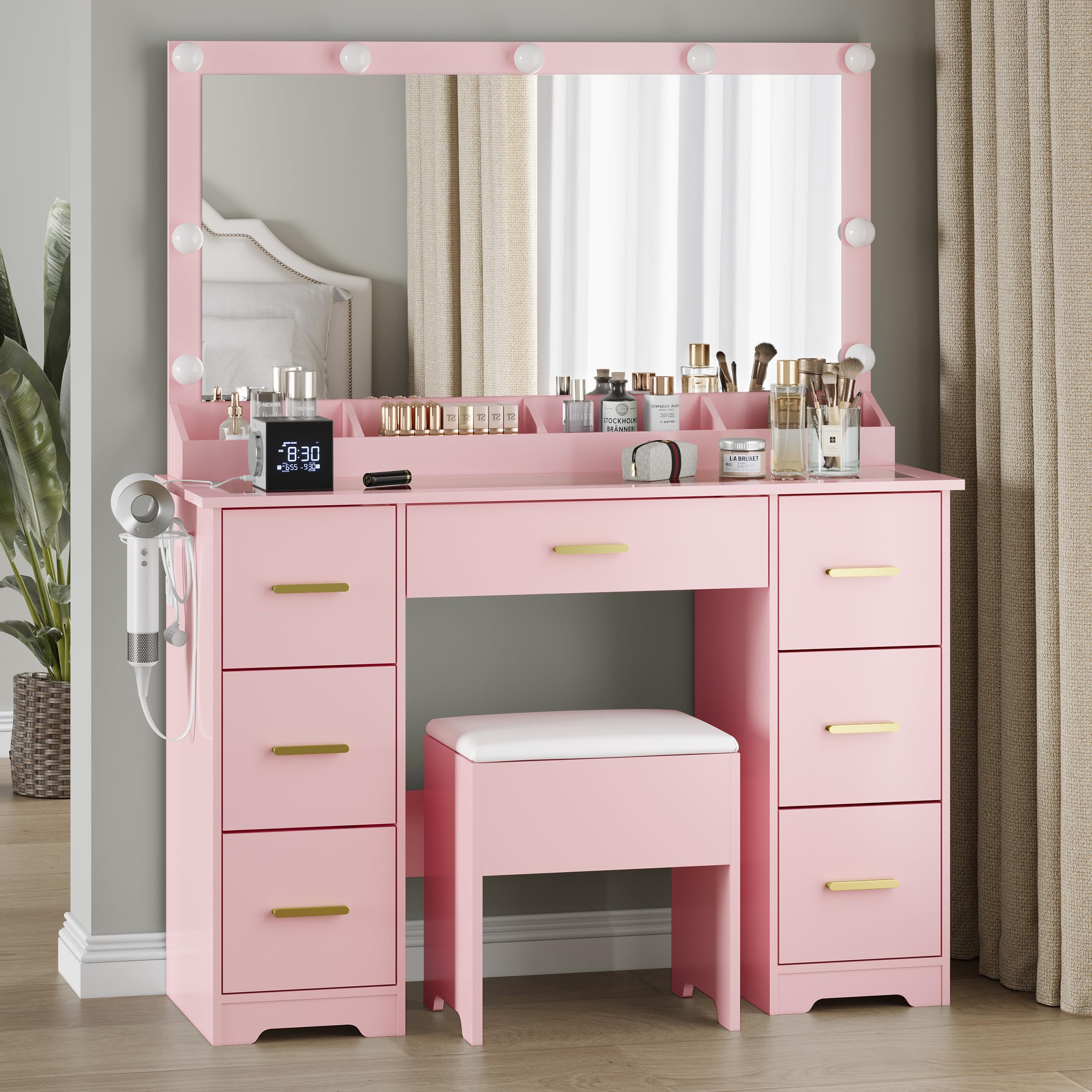 BORNOON 45” Fluted Makeup Vanity Desk with Mirror and Lights, Glass Top Dressing Table with 5 Drawers, LED Lighted Adjustable Cabinet, Trays & Charging Station for Bedroom Dressing Room