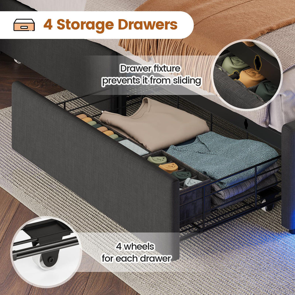 BTHFST Twin Bed Frames with Headboard & 4 Drawers, LED Bed Frame Twin with Charging Station, Upholstered and Metal Twin Bed with Storage, No Box Spring Needed, Black PU