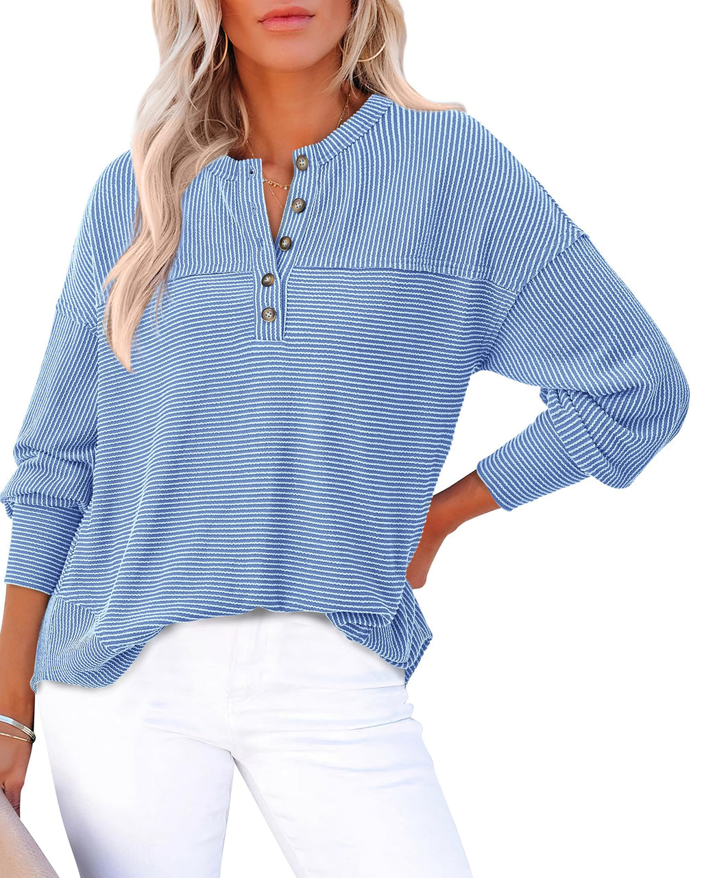KIRUNDO Going Out Tops for Women Henley Shirts 2025 Casual Ribbed Knit Long Sleeve Tunic Summer Fall Button V Neck Blouse