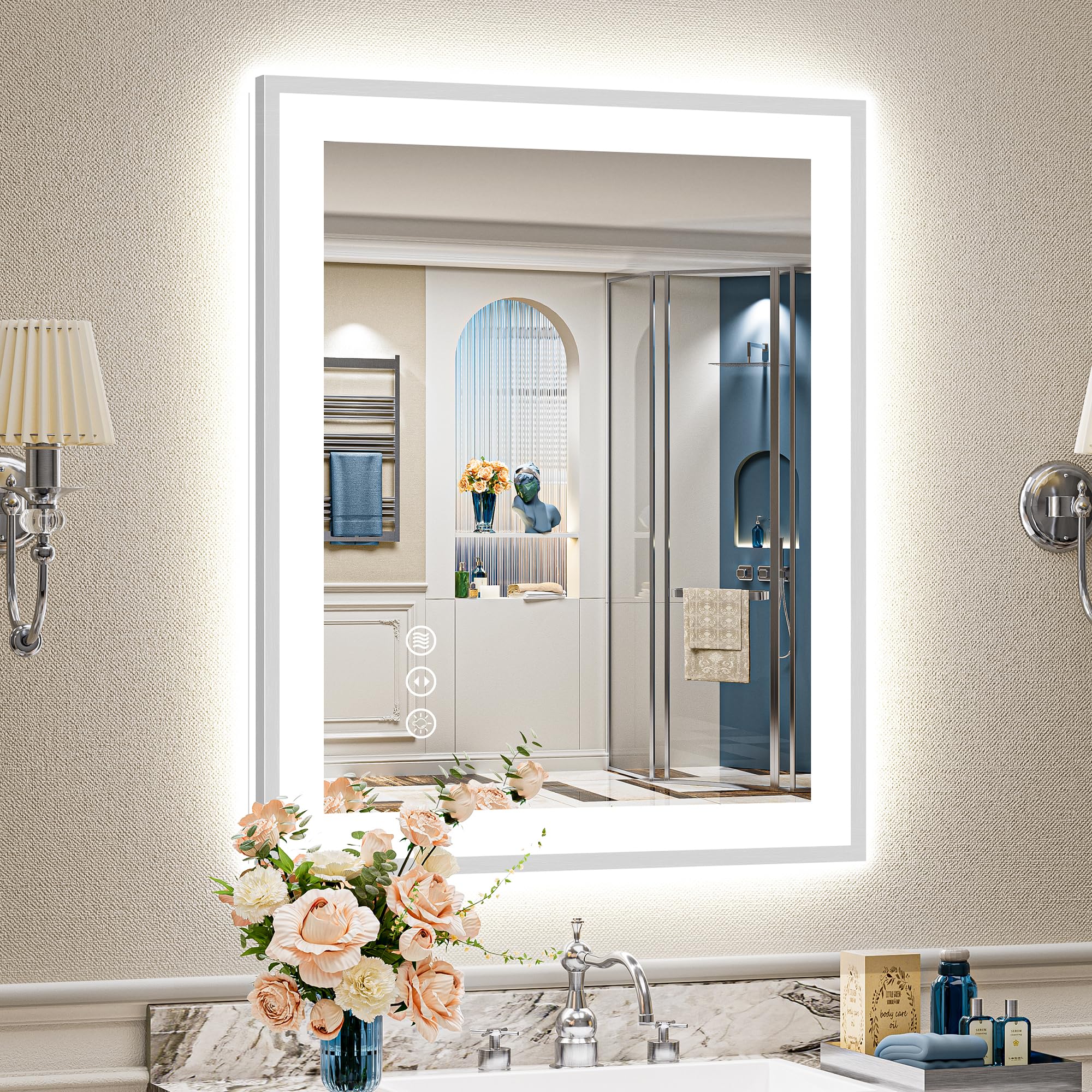 24x32 Black Framed LED Bathroom Mirror with Lights, Backlit and Front Lit Anti-Fog Lighted Vanity Mirrors for Bathroom Wall, Dimmable, 3 Colors, Memory, HD Tempered Glass, Horizontal/Vertical