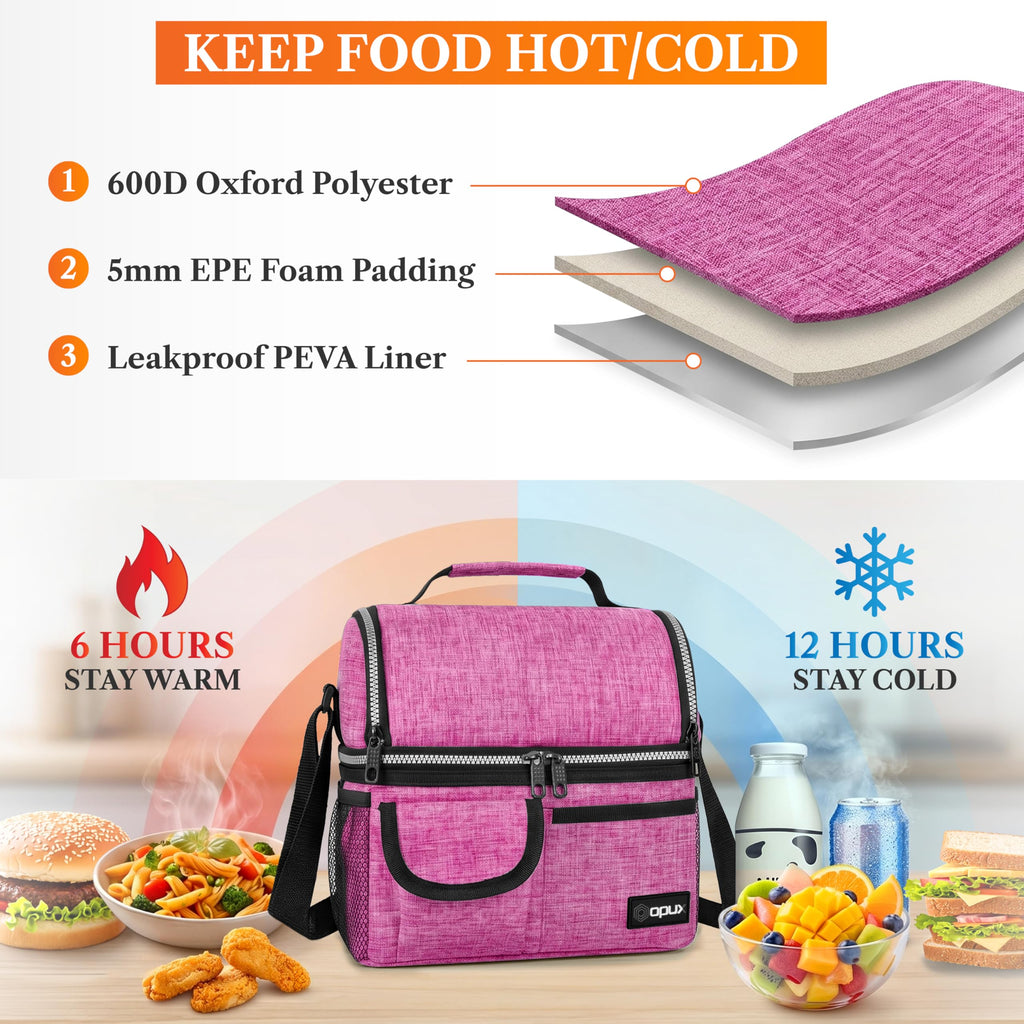 opux Insulated Lunch Bag Women Men, Dual Compartment Leakproof Lunch Box Adults Kids, Double Decker Meal Prep Bento Lunch Cooler Tote with Shoulder Strap for Work Office School Travel, Black