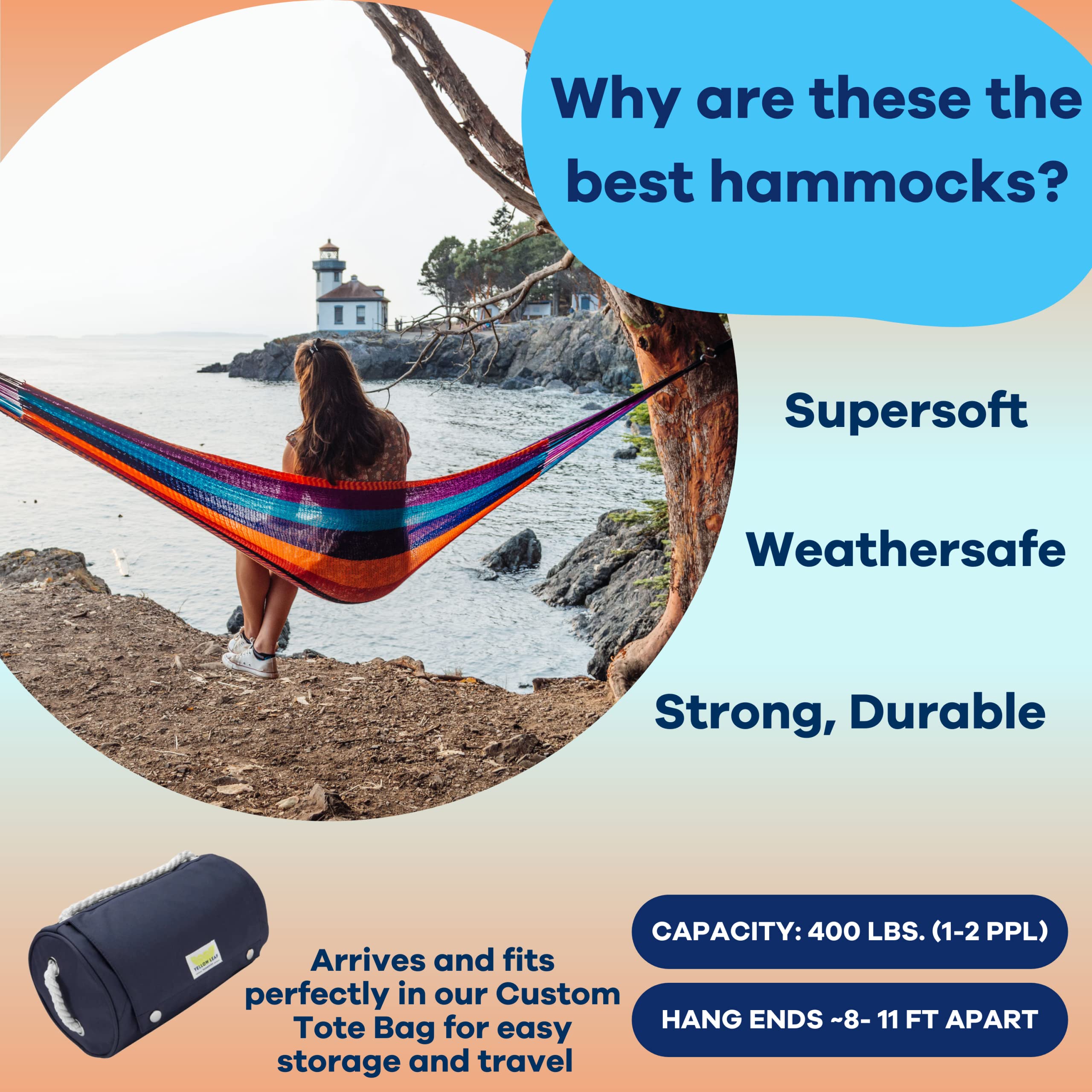 Handwoven Hammock by Yellow Leaf Hammocks - Double Size, Fits 1-2 PPL, 400lb max - Weathersafe, Super Strong, Easy to Hang, Ultra Soft, Artisan Made - Color: Natural Khaki