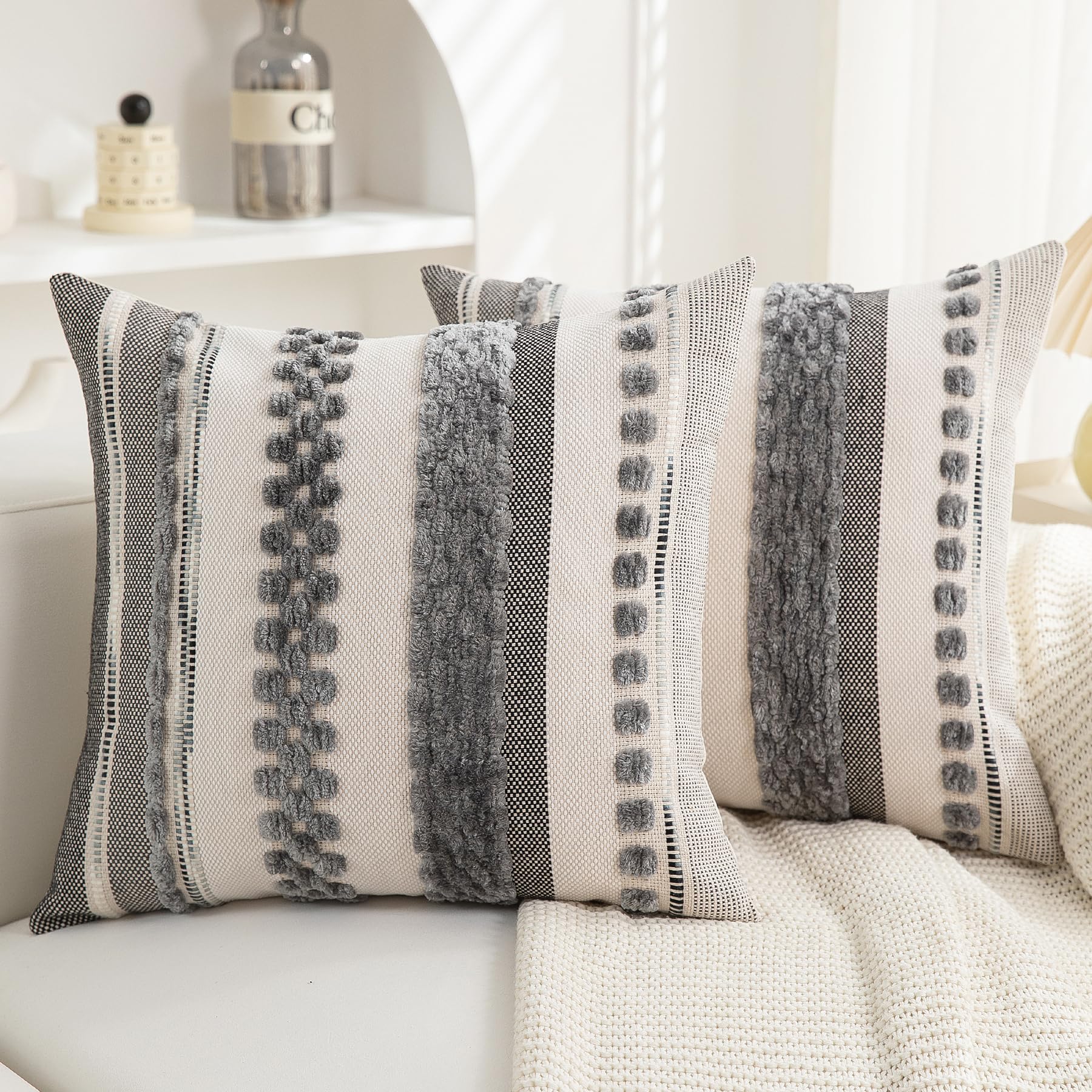 Boho Pillow Covers 18x18 Set of 2 for Couch-Modern Farmhouse Sofa Decorative Throw Pillow Covers Textured Chenille Cushion Covers Outdoor Netural Bohemian Pillow Cases Square
