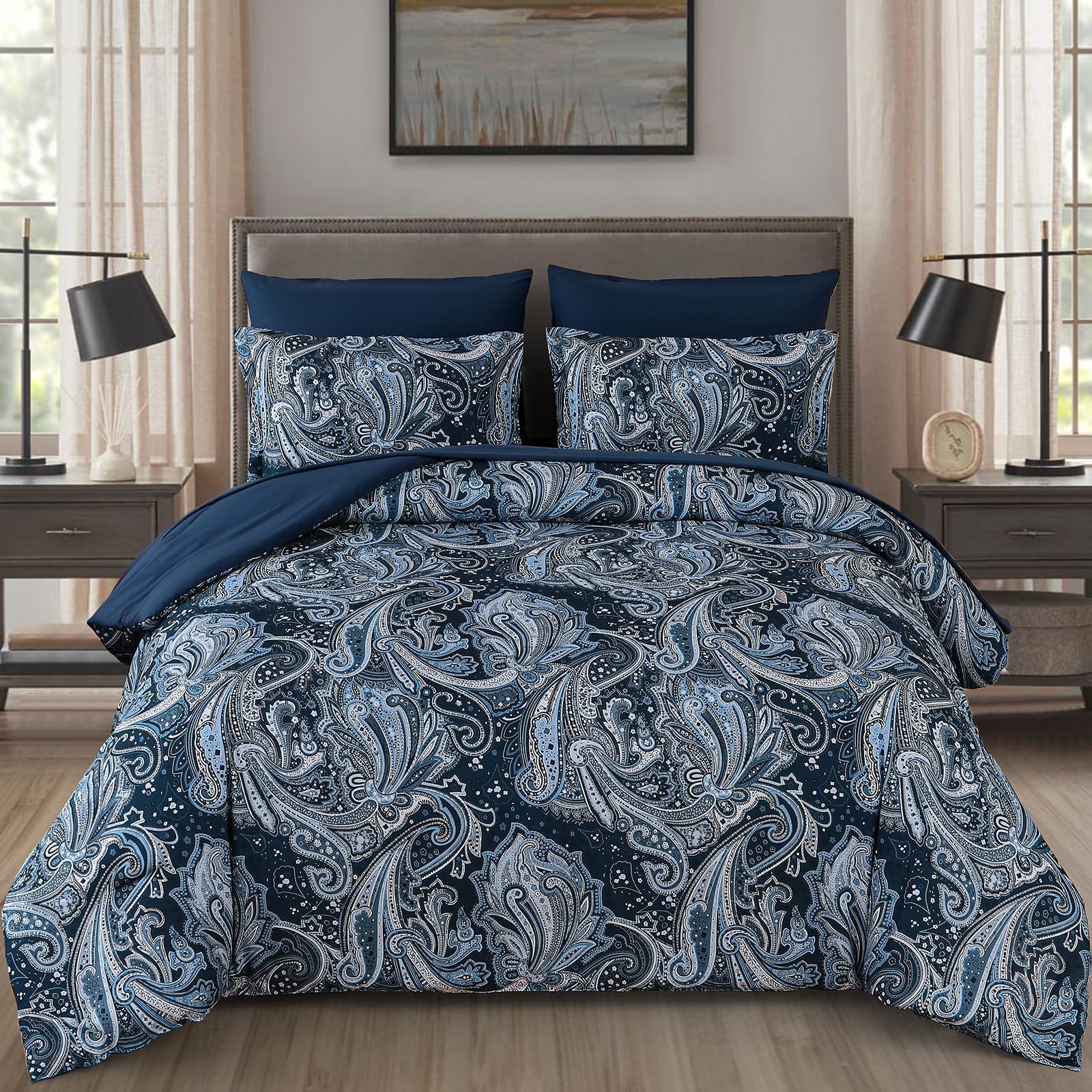 DJY Black Paisley Comforter Set Full Size 7 Piece Bed in a Bag Black and Grey Boho Paisley Pattern Comforter Set Soft Lightweight Microfiber Reversible Bedding Set for All Season