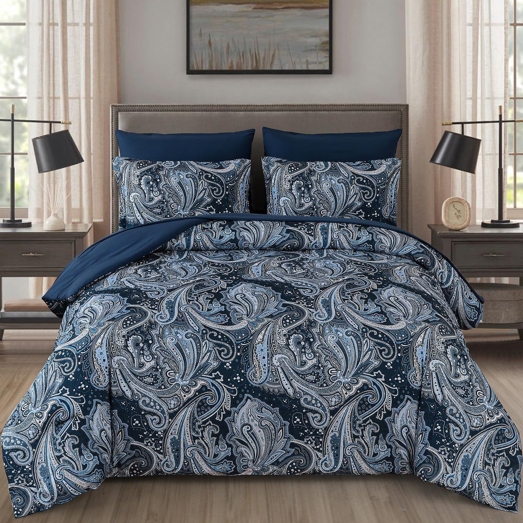 DJY Black Paisley Comforter Set Full Size 7 Piece Bed in a Bag Black and Grey Boho Paisley Pattern Comforter Set Soft Lightweight Microfiber Reversible Bedding Set for All Season