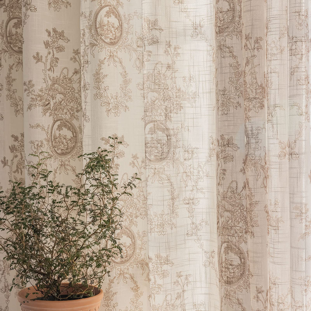 SUOUO Blue Leaf Semi Sheer White Curtains for Bedroom Dining Living Room Linen Textured 84 inches Long Rod Pocket Boho Window Drapes 2 Panels