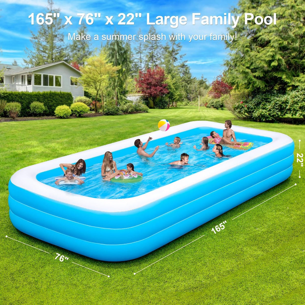 Large Inflatable Pool with Pump - 165'' x 76'' x 22'' Oversized Thickened Blow Up Pool for Adults, Family Swimming Pool for Backyard, Garden and Outdoor Fun