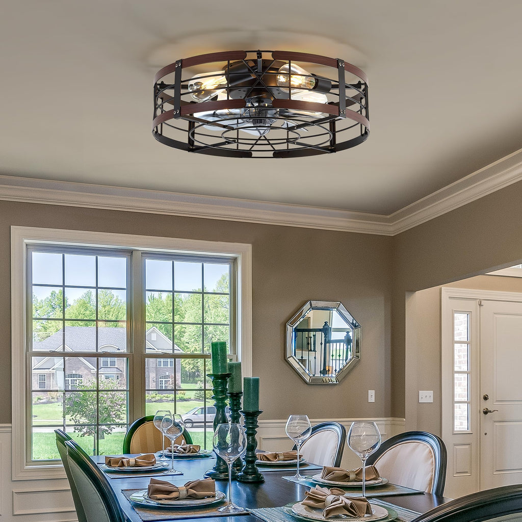 ZYD Caged Ceiling Fan with Light, 20" Ceiling Fan with Lights and Remote Flush Mount, Bladeless Caged Ceiling Fans with Lights, Matte Black Rustic Fan for Bedroom, Kitchen, Dining Room
