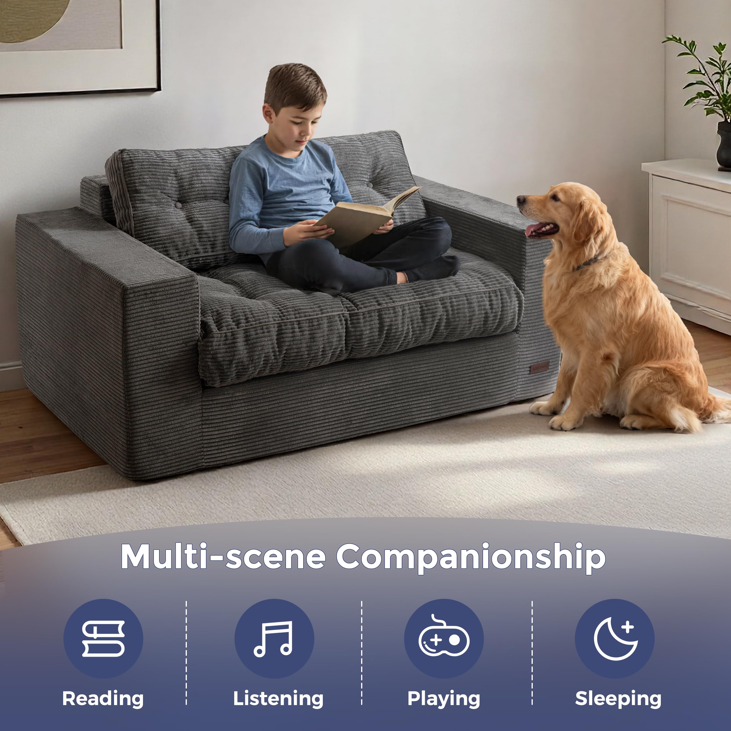 MAXYOYO 3 Seater Sofa Couch for Living Room, Tufted Boneless Couch Sofa Couch, Comfy Bubbled Bean Bag Chair for Apartment, No Assembly Needed, Beige