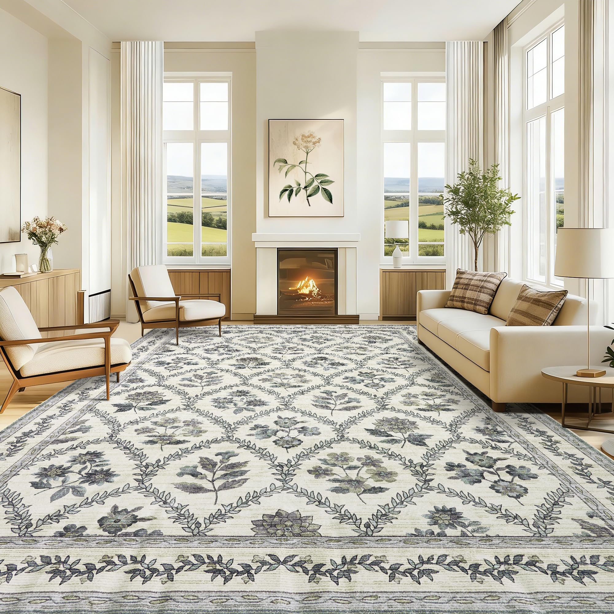 Black Floral Area Rug for Entryway 2x3 Washable Small Rug Low Pile Non Slip Distressed Entry Mat Soft Farmhouse Indoor Entrance Door Mat for Kitchen Bedroom Home Office Black Grey and White