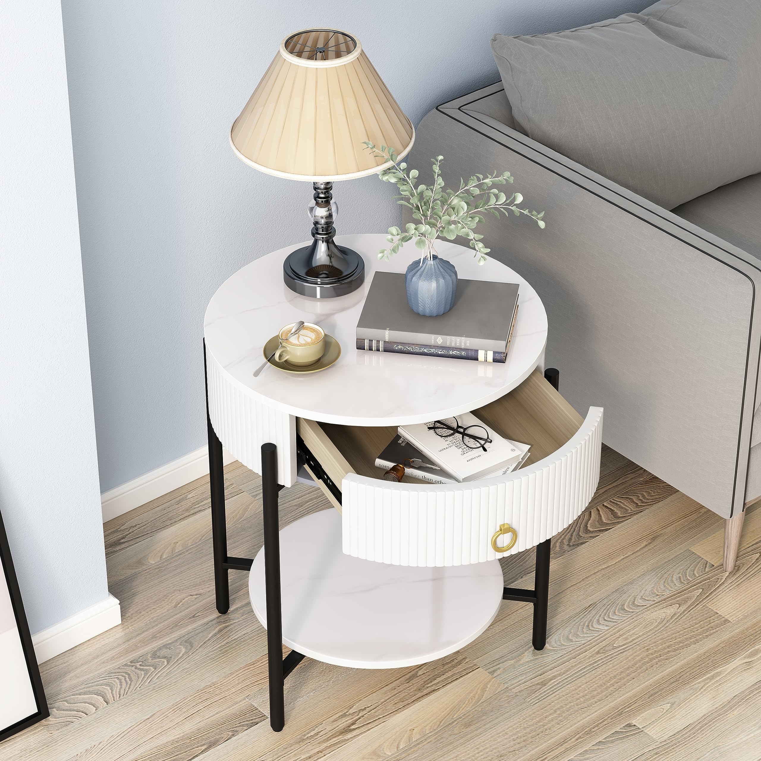 OIOG Modern Side Table with Drawer, Industrial 2 Tier End Table with Shelf, Wood Grain Nightstand with Storage for Living Room, Bedroom, Office, Dorm, Black