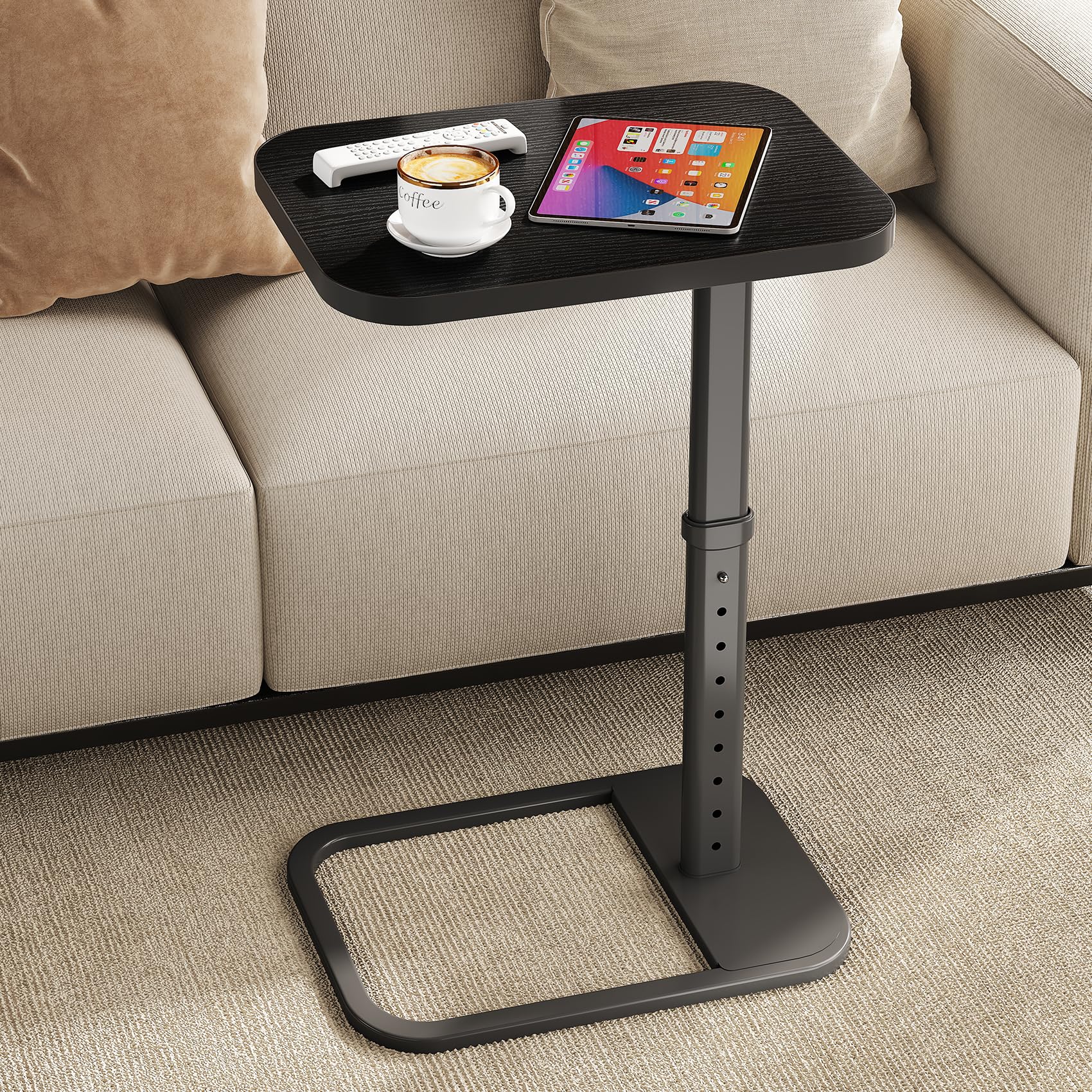 Kitstorack TV Tray Table, Adjustable Height & Rounded Metal Corners, Snack Table for Couch, Sofa, Bed, Chair, Living Room, C Shaped End Side Table for Eating, Dinner or Laptop, Small Spaces, Black