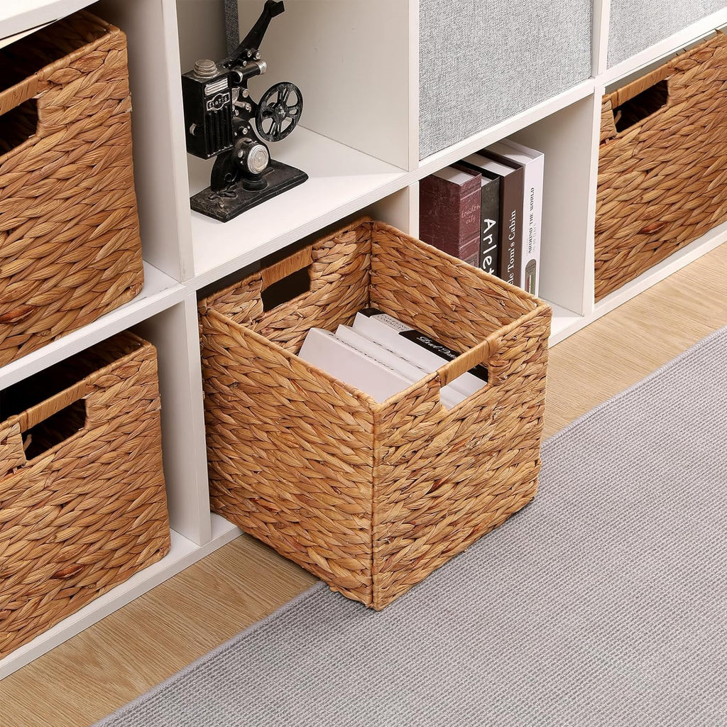 Water Hyacinth Storage Baskets 11x11x11 Inch Wicker Storage Cubes Set of 2Baskets,Handwoven Foldable Wicker Cubes with Sturdy Handles, Rustic Laundry Organizer for Bedroom Shelves, Kitchen, Bathroom