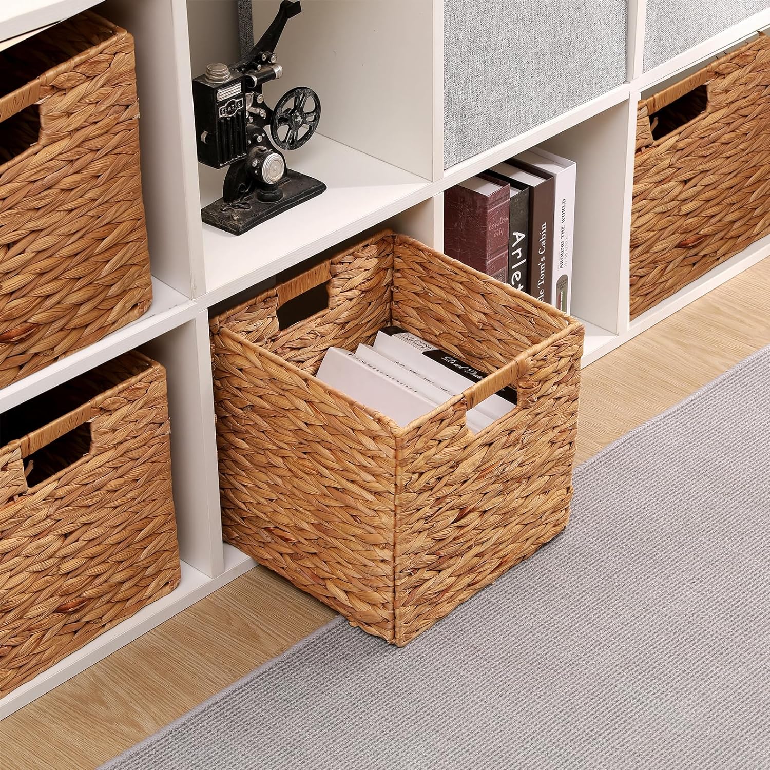 Water Hyacinth Storage Baskets 11x11x11 Inch Wicker Storage Cubes Set of 2Baskets,Handwoven Foldable Wicker Cubes with Sturdy Handles, Rustic Laundry Organizer for Bedroom Shelves, Kitchen, Bathroom
