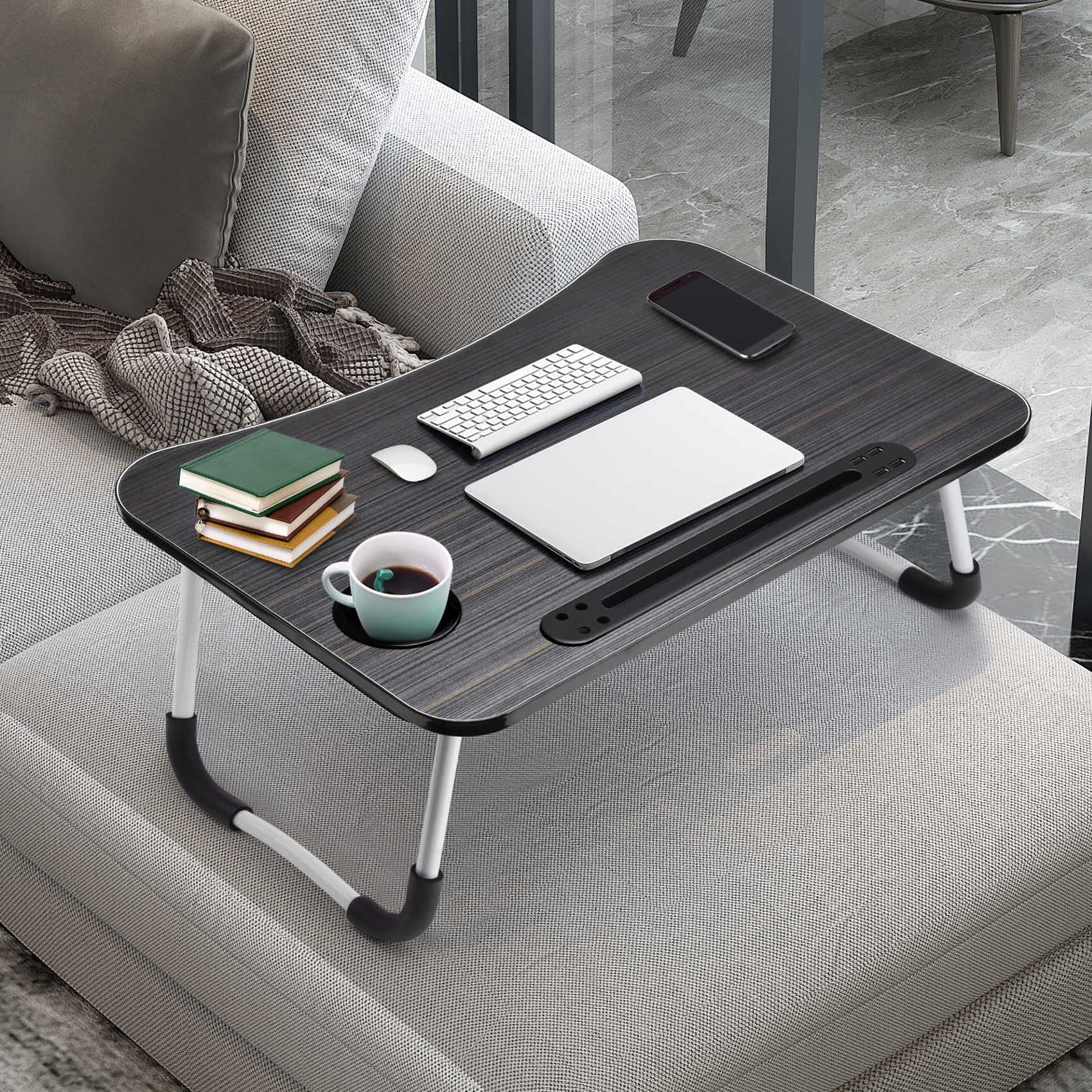 Slendor Lap Desk with Cup Holder, Foldable Laptop Table for Bed, Portable Bed Desk for Laptop and Writing, Computer Tray with Tablet Slot, Notebook Stand Reading Holder for Couch Sofa Floor,Black