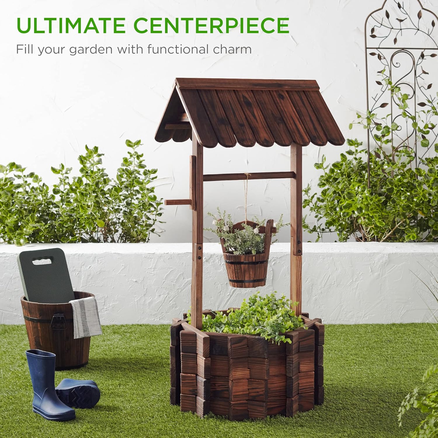 Best Choice Products Rustic Wooden Wishing Well Planter Outdoor Home Décor for Patio, Garden, Yard w/Hanging Bucket