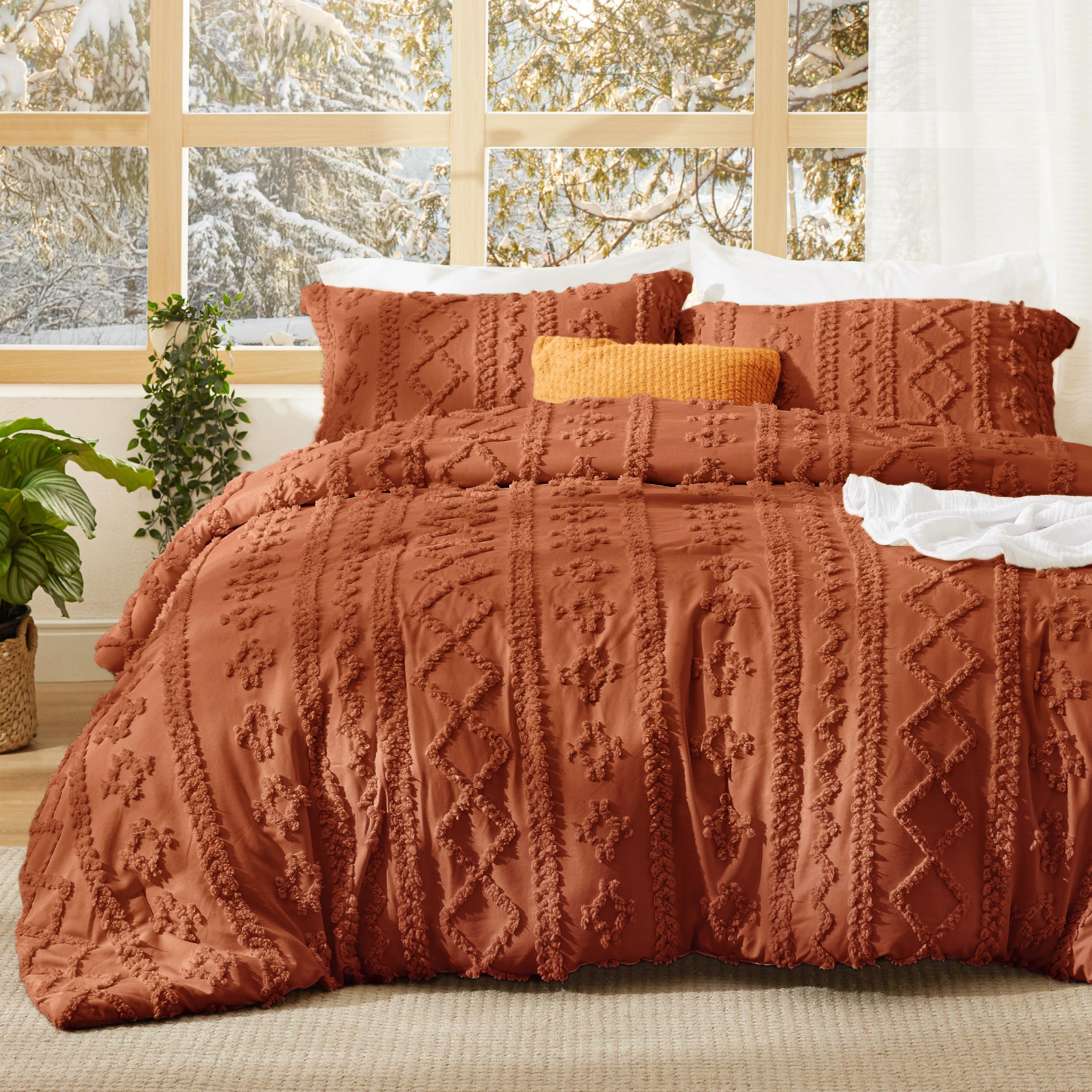 Bedsure Tufted Boho Comforter Set Twin Size - Beige Boho Bed Set, GentleSoft™ 2 Pieces Farmhouse-Style Embroidery Bedding, Gifts for Woman, Soft Jacquard Kids' Twin Comforter for All Seasons