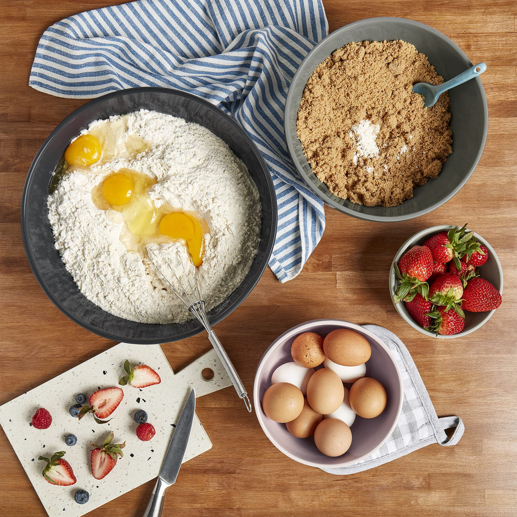 TTU Tabletops Gallery Hobnail Style 4 Piece Timeless Grey Stoneware Nesting Mixing Bowl Set for Baking and Cooking