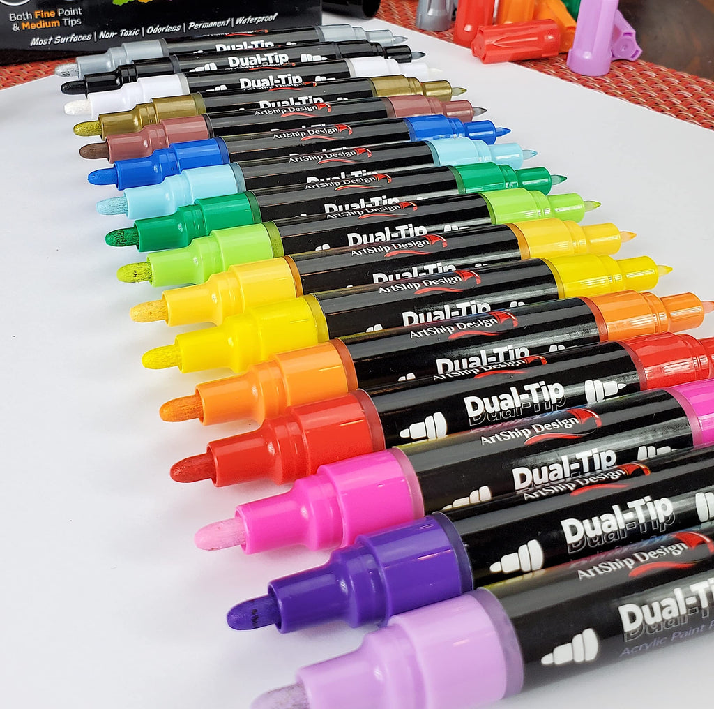 ArtShip Design 10 Black Acrylic Paint Pens, Double Pack of Both Extra Fine and Medium Tip Paint Markers, for Rock Painting, Mug, Ceramic, Glass, and Fabric Painting, Water Based Non-Toxic and No Odor