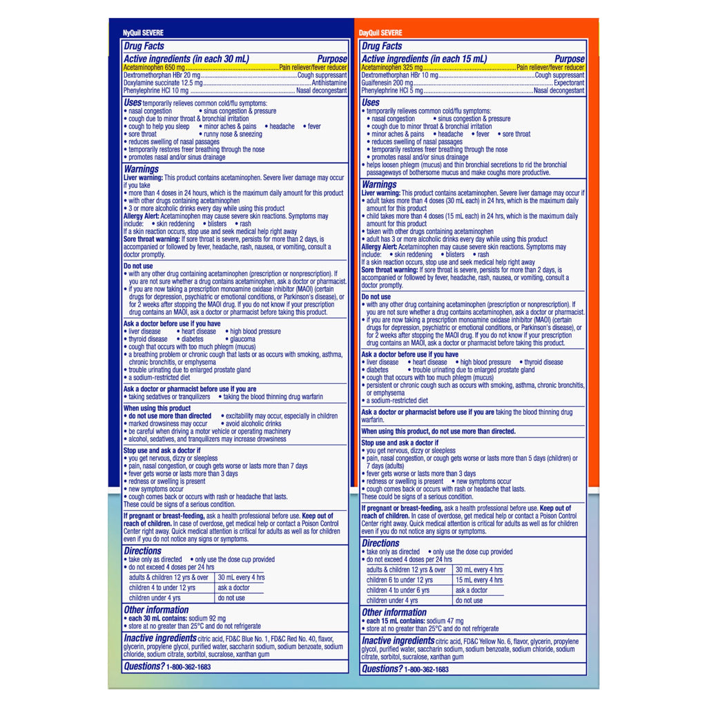 Vicks DayQuil & NyQuil SEVERE Cold & Flu Medicine, Relief for Headache, Fever, Sore Throat, Minor Aches & Pains, Nasal Congestion, Sinus Pressure, Stuffy Nose, and Cough, Co-Pack, 2 x 12 OZ