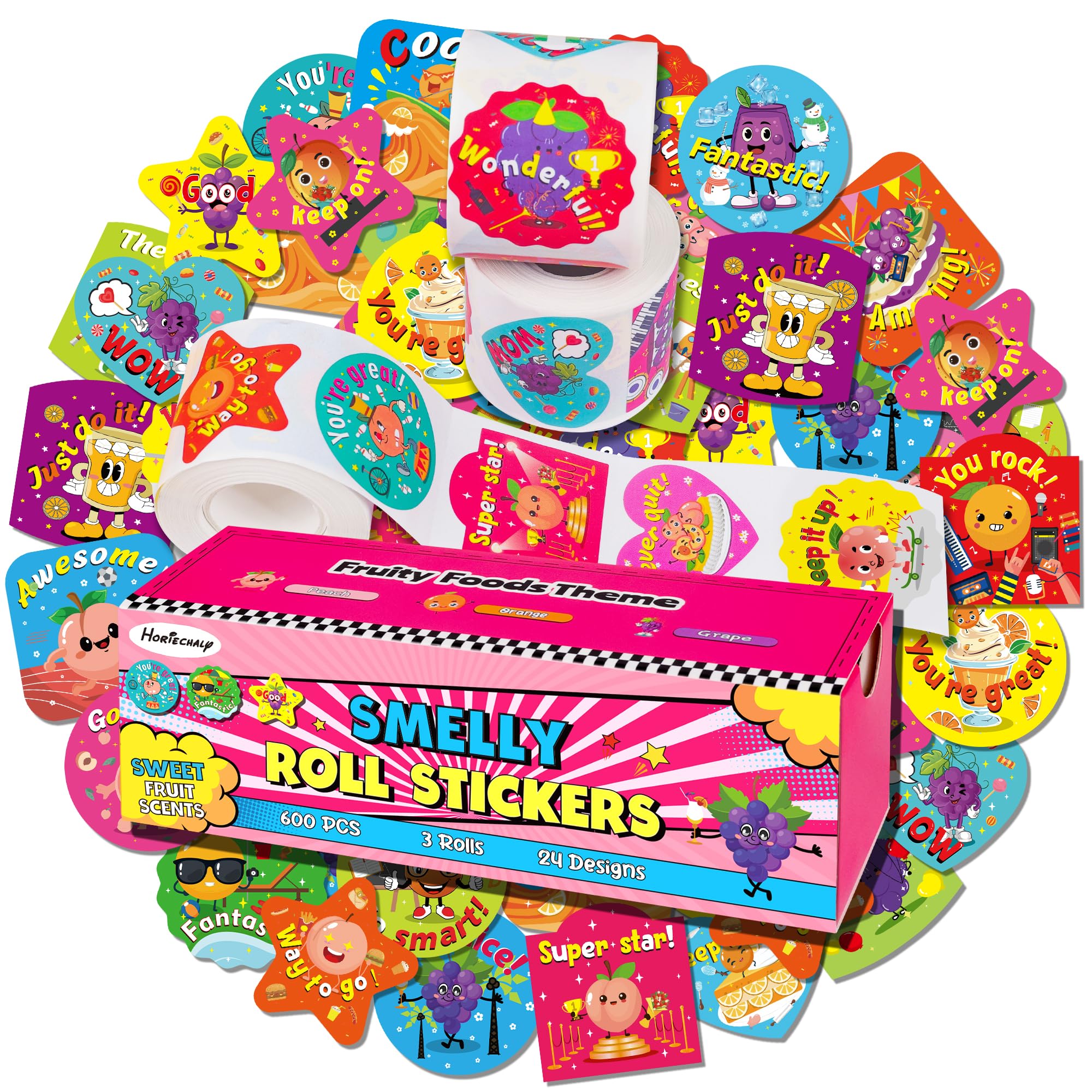 HORIECHALY 3 Rolls Scratch and Sniff Stickers for Kids, 600PCS Smelly Scented Stickers, Kid's Reward Sticker, Classroom Teacher Must Haves, School Supplies Incentives Christmas Children‘s Gift-1.57''