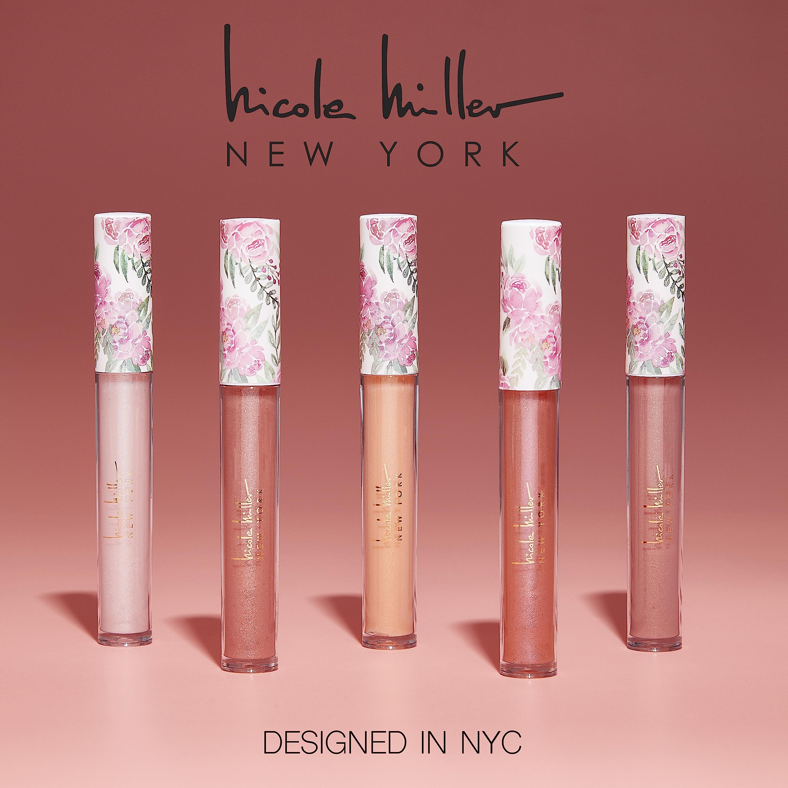 Nicole Miller Lip Gloss Collection Shimmery Glosses for Women and Girls Long Lasting Color Set with Rich Varied Colors, Flowery Pink, 10 Count (Pack of 1)
