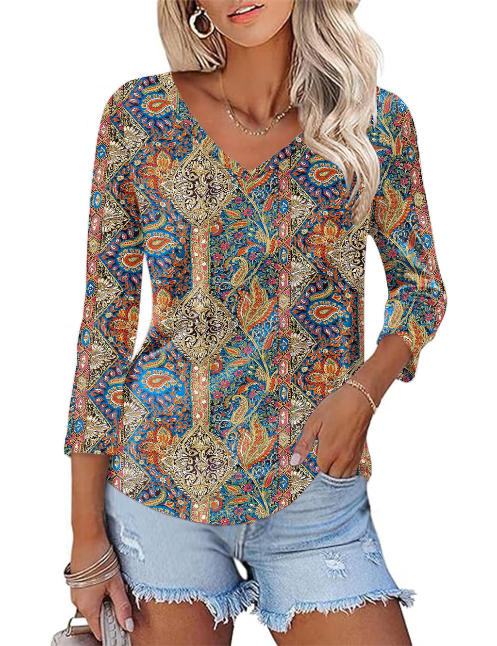 KTILG Women's V Neck T Shirts 3/4 Sleeve Blouse Summer Tops Dressy Casual Solid Basic Tees