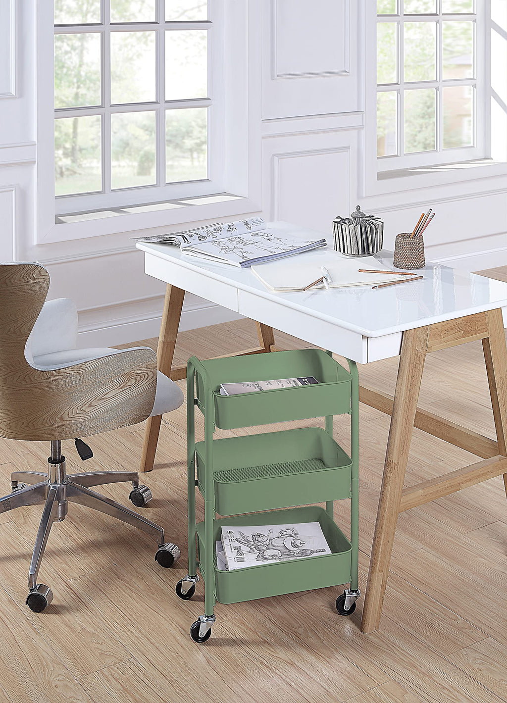 SunnyPoint 3-Tier Delicate Compact Rolling Metal Storage Organizer - Mobile Utility Cart Kitchen/Under Desk Cart with Caster Wheels - Army (15.35" X 10.24" X 26.8"H)