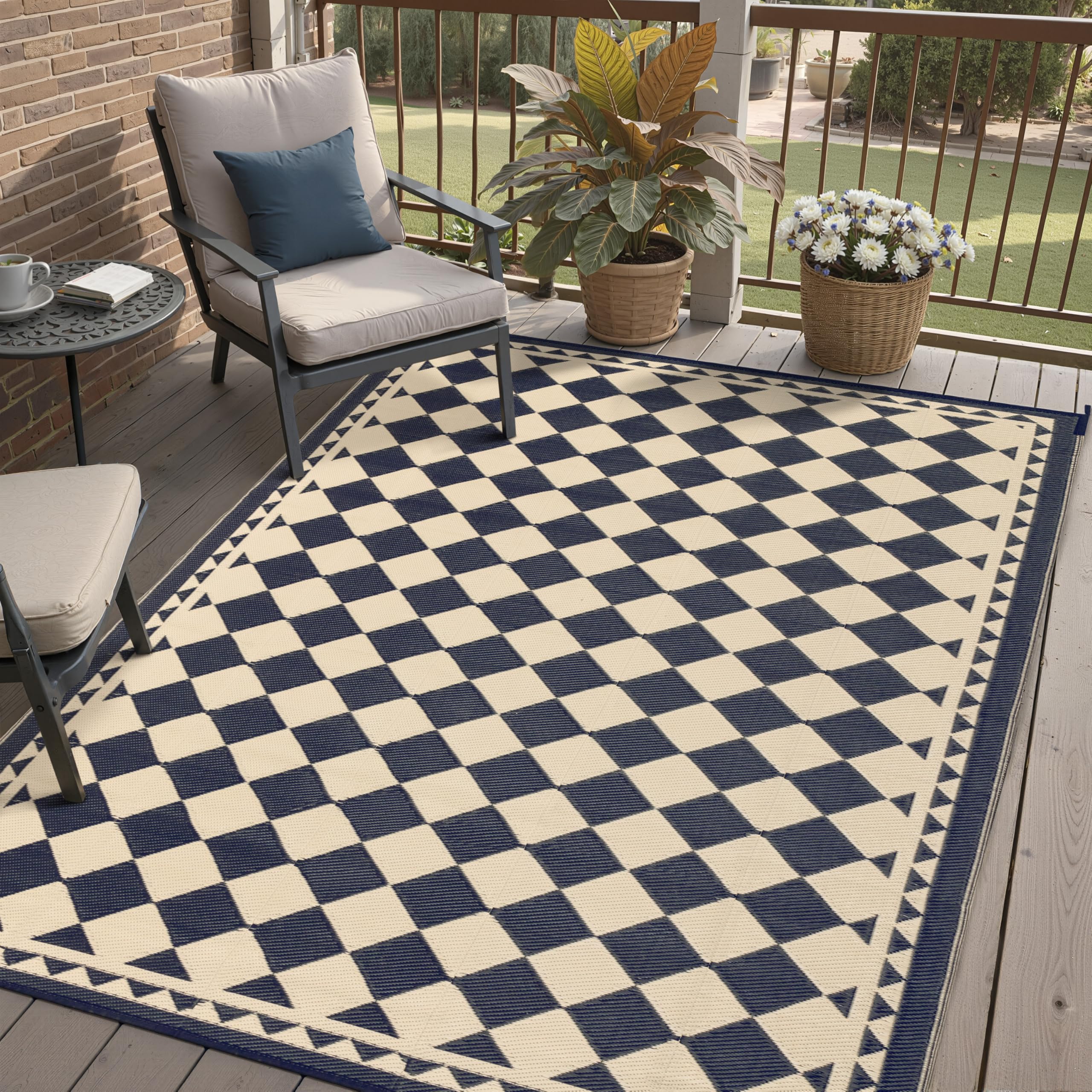 HUGEAR Outdoor Patio Rug 3'x5' Waterproof Outside Area Rugs Blue Reversible Plastic Straw Carpet for RV Deck Camping Entryance Porch Picnic Balcony Beach