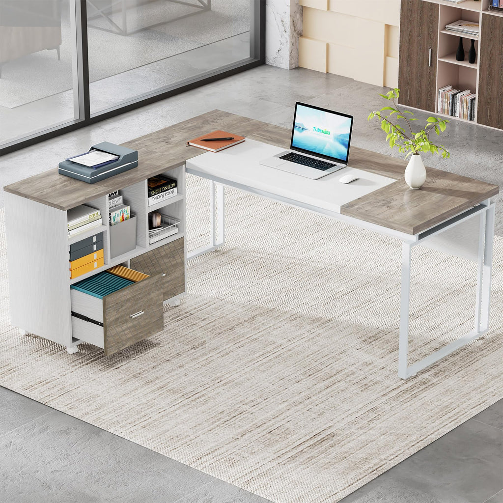 Tribesigns L-Shaped Executive Desk with Reversible File Cabinet, 63" Office Desk with Storage Drawers, L-Shaped Computer Desk with Drawer Cabinet for Hanging Letter Size Files (Gray & Black)