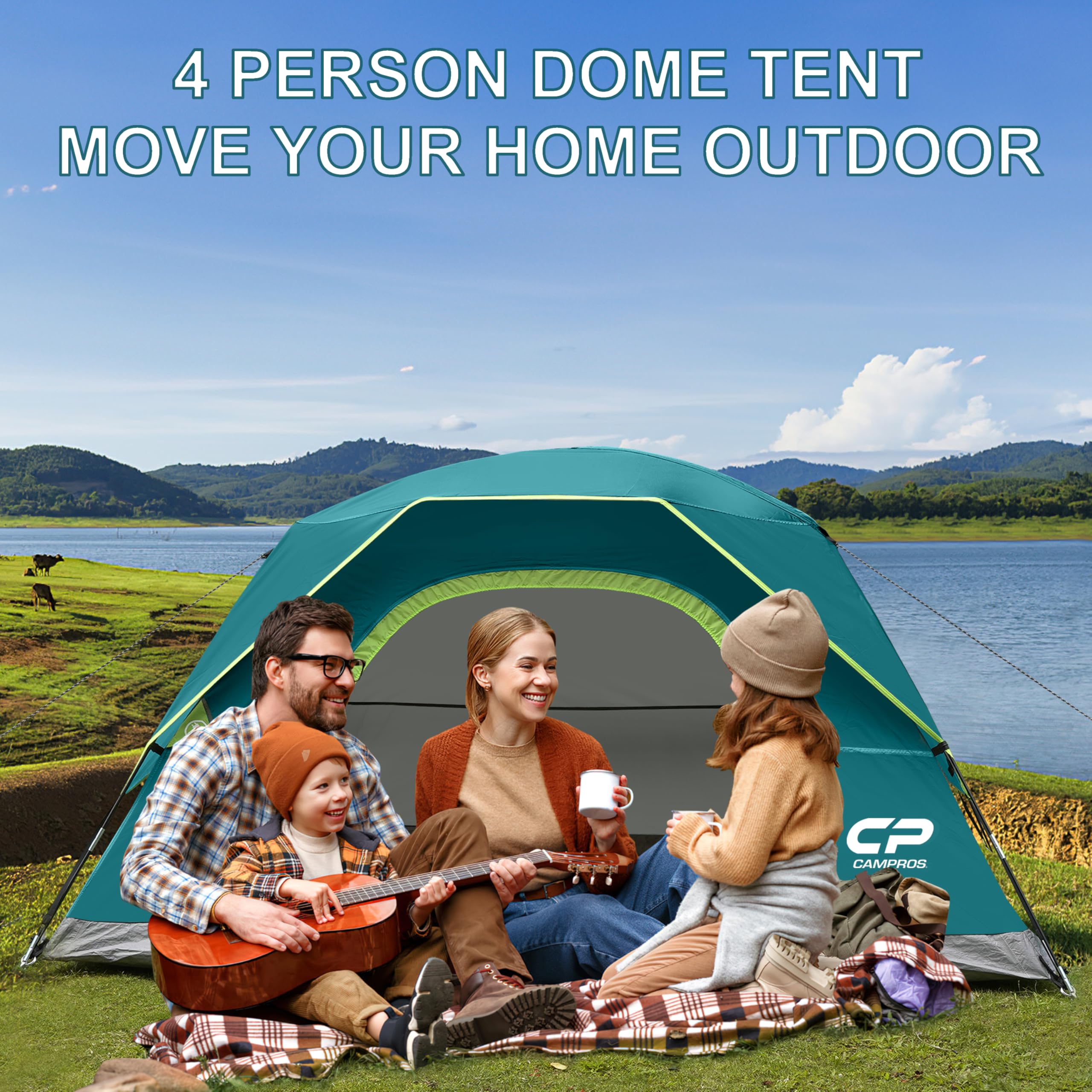 CAMPROS CP Camping Tent 2/4/6 Person, Waterproof Windproof Double Layer Dome Tent, Easy Setup with Large Mesh Windows & Wide Door for Outdoor Camping Backyard