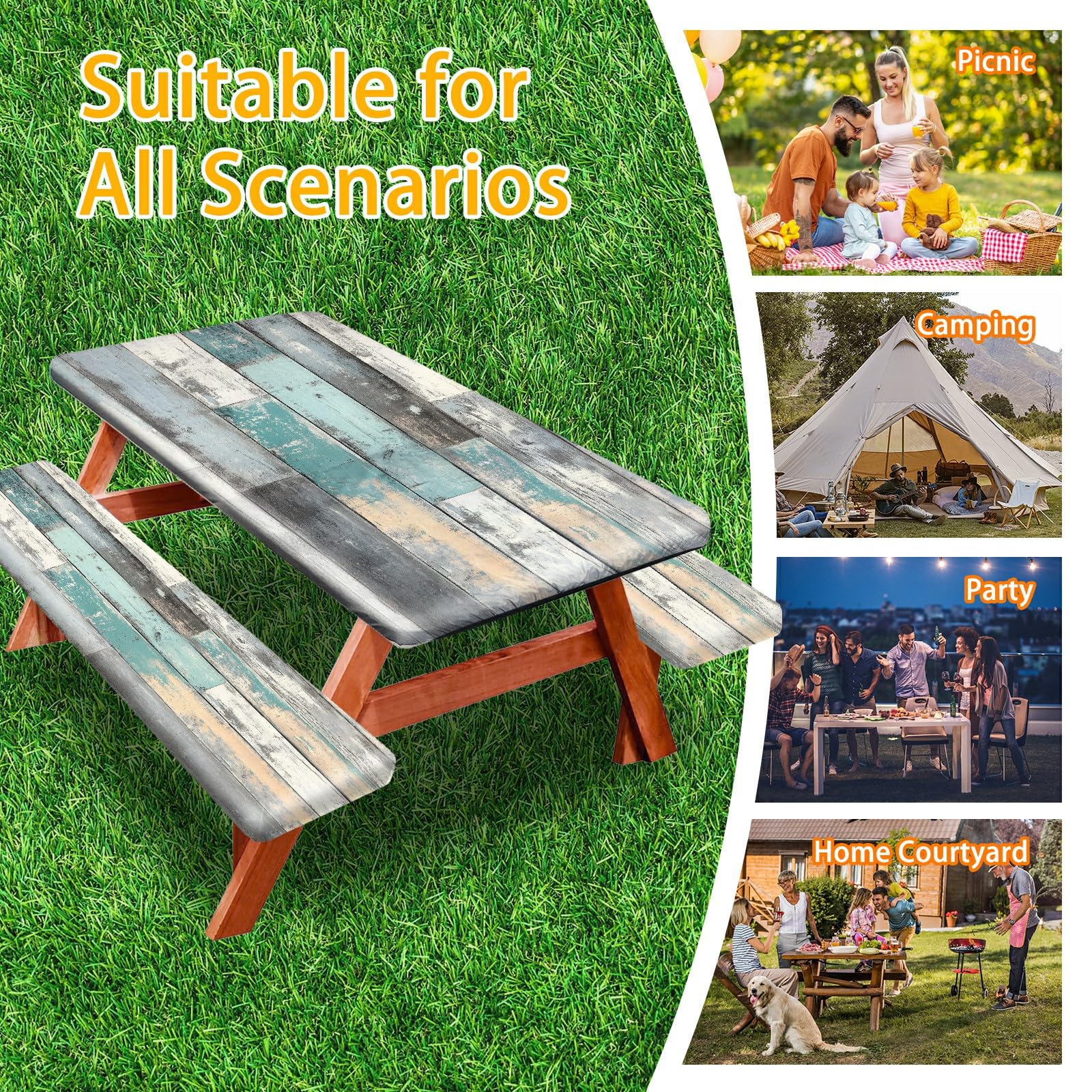 Park Picnic Table Cover with Bench Covers Lightweight Camping Essentials, Oil-Proof Waterproof 3PCS Tablecloth with Elastic, Fitted for Table 6FT Rectangle and Seats, American Flag Eagle (72x30in)
