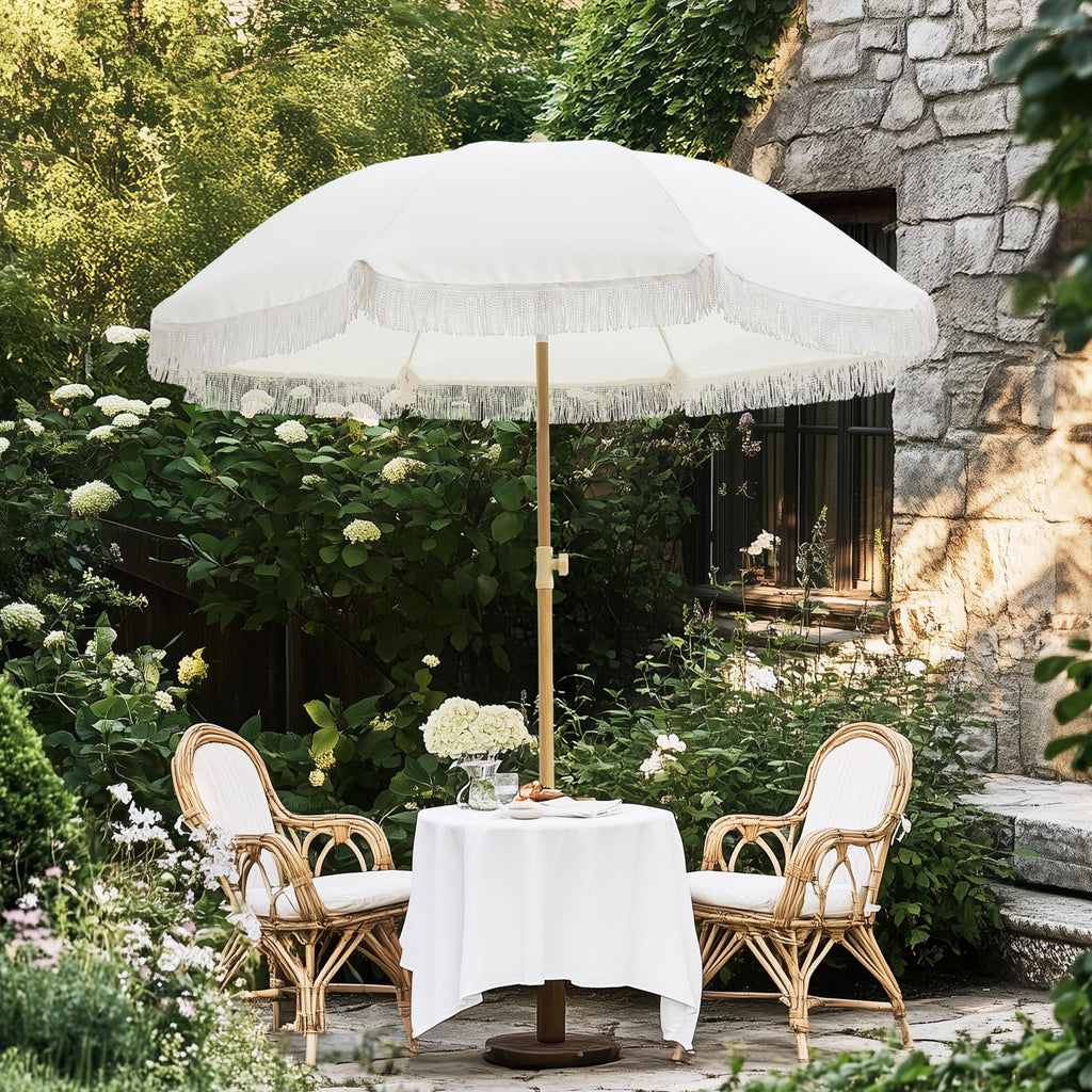 6.5FT Boho Patio Umberlla with Fringe,UPF50+ Outdoor Umbrella with Fiberglass Ribs and Push Button Tilt,Tassels Umbrella for Beach,Terrace,Picnic