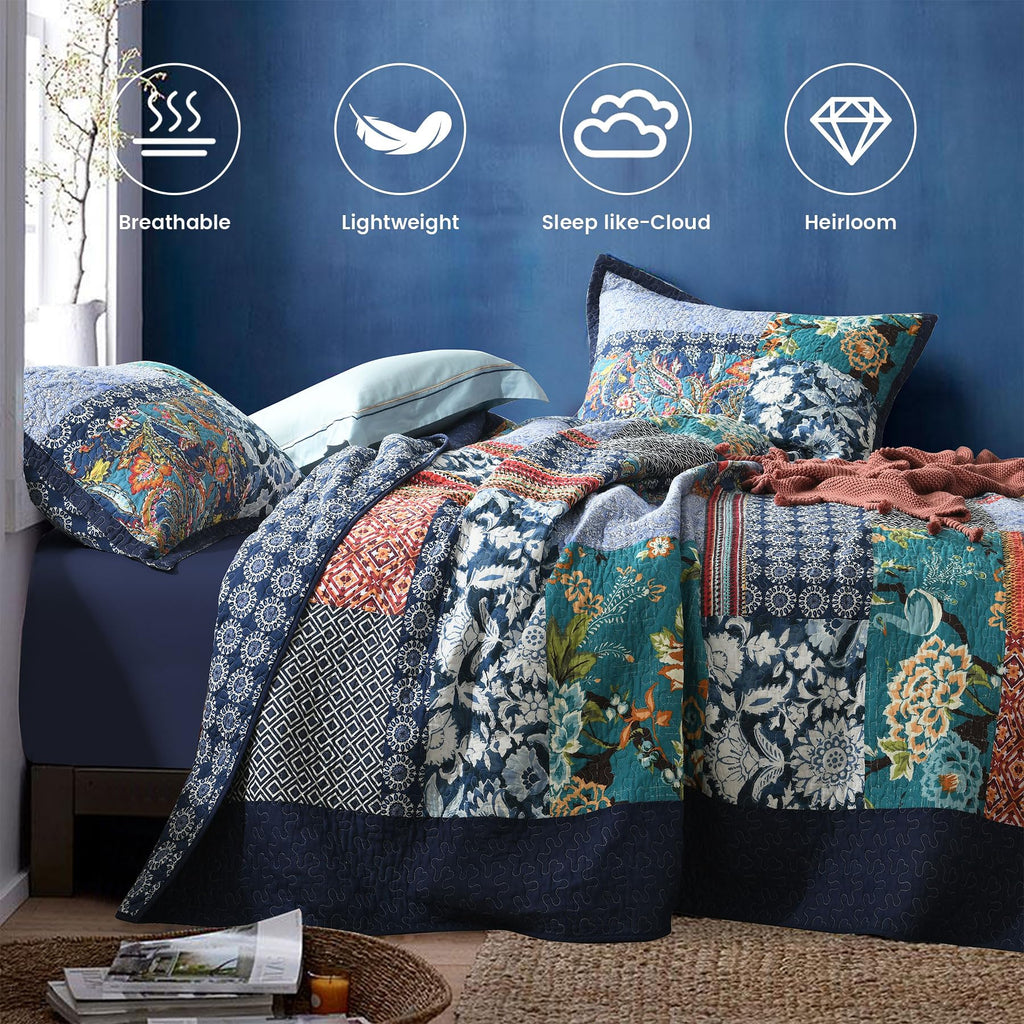 Secgo Twin Comforter Set for Bed - 100% Cotton Quilts Twin Size, Black Bedspreads with 2 Pillow Shams, Patchwork Reversible Lightweight Bedding