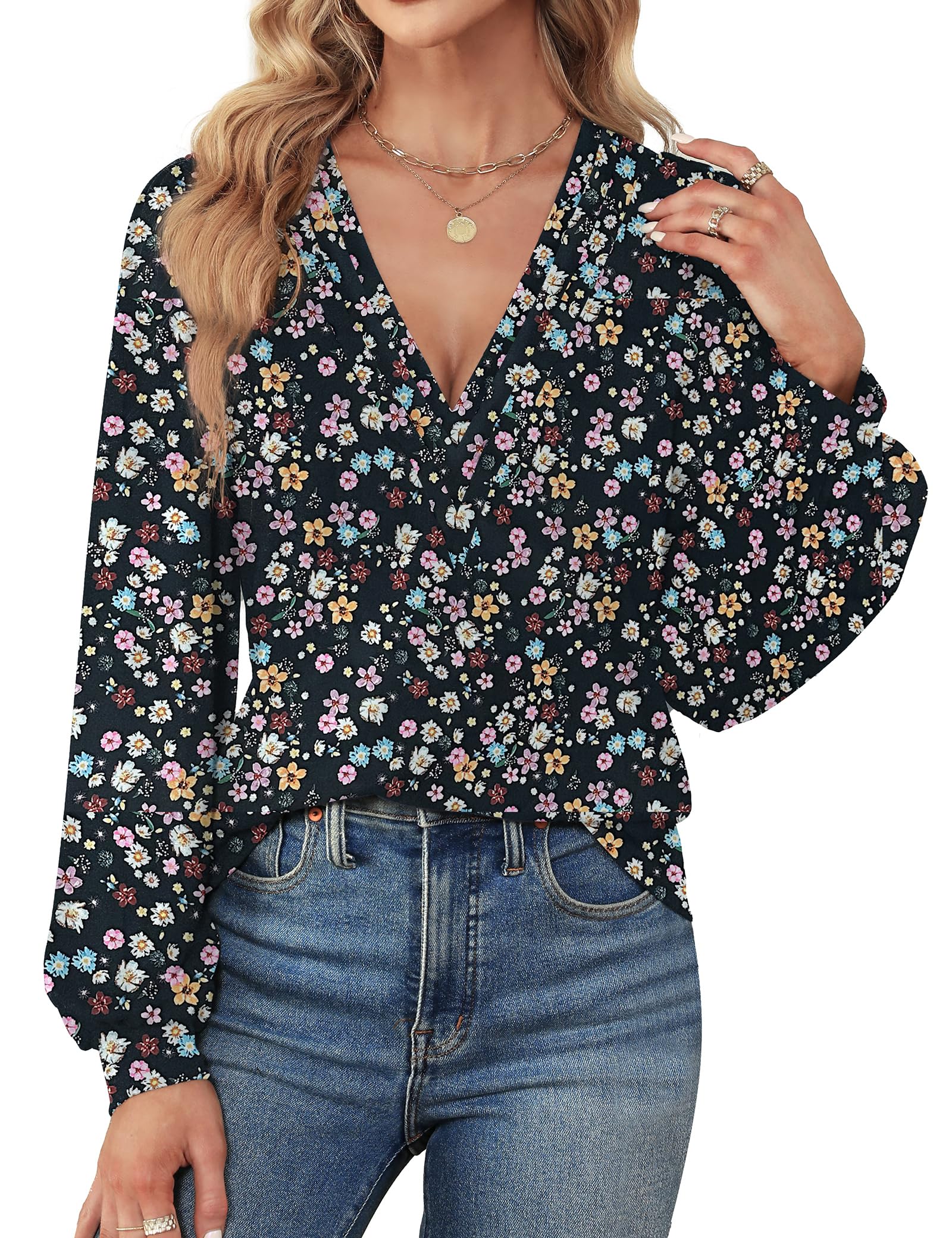 Agnes Urban Womens V Neck Long Sleeve Tops Dressy Casual Fall Shirts Puff Sleeve Loose Tunic Trendy Tops Blouses