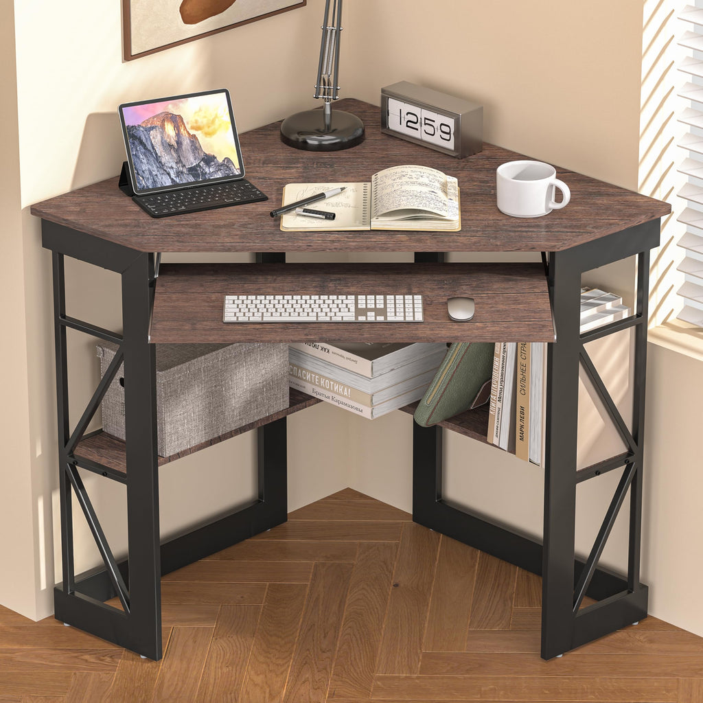 VECELO Corner Desk Computer Desk Writing Table with Smooth Keyboard Tray & Storage Shelves,Compact Home Office Triangle Table,Antique Brown